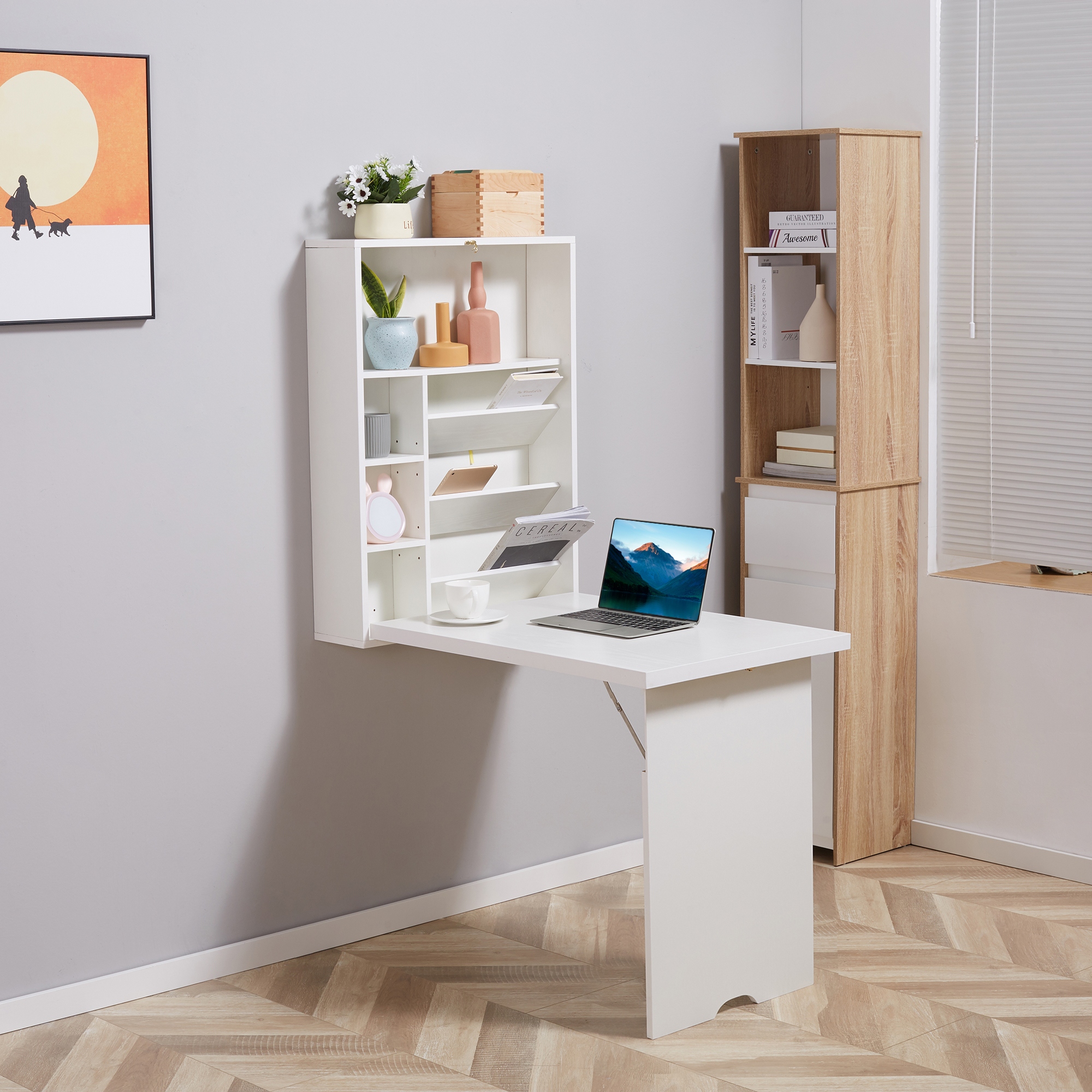 HOMCOM Klappbarer Wandtisch, wandmontierter Klappschreibtisch mit Regalen für Wohnzimmer, Esszimmer, Home Office, 93,8 x 60 x 147 cm, weiß