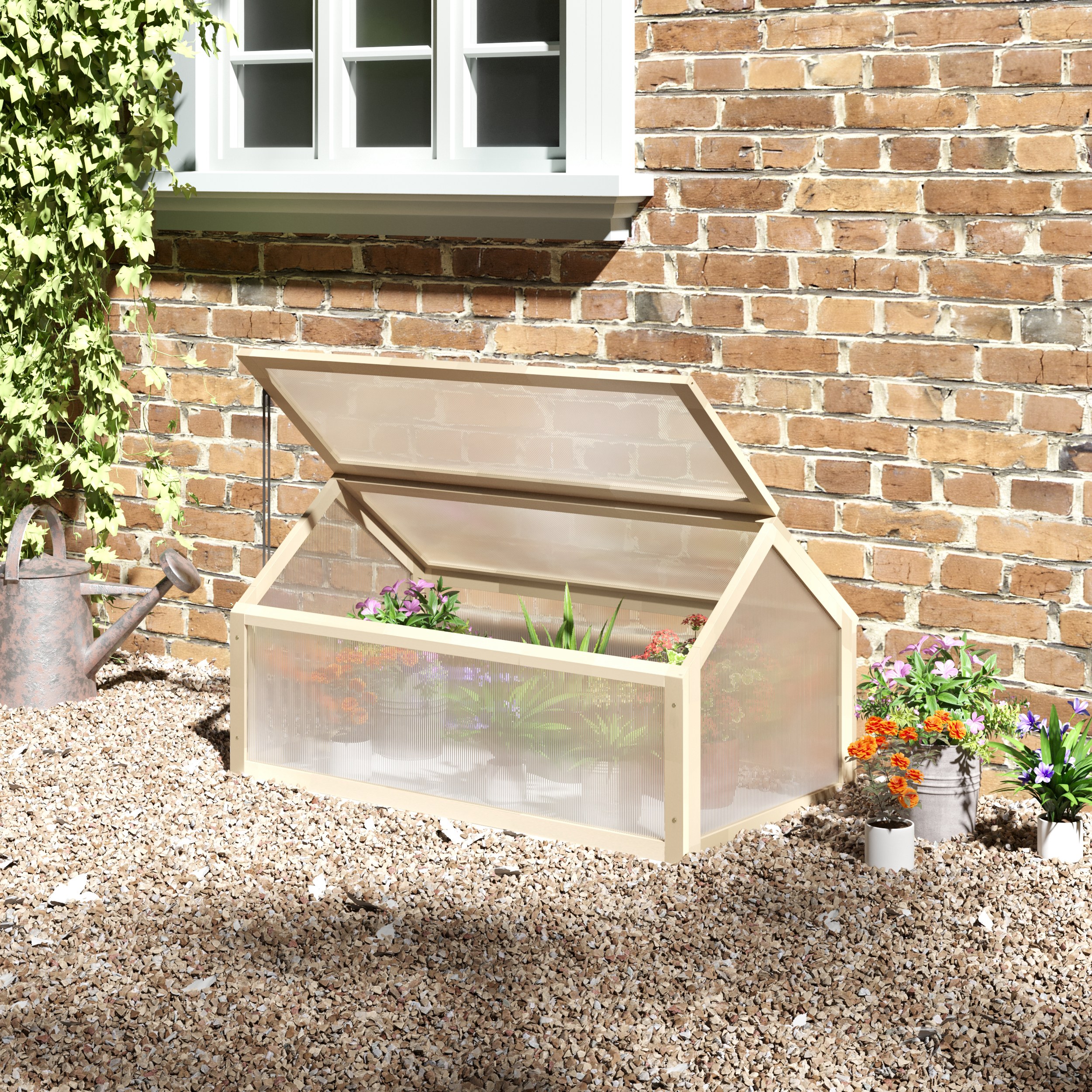 Outsunny Mini-Gewächshaus, Kompaktes Pflanzenhaus aus Holz, Polycarbonat-Platten, Belüftungsöffnung, 90L x 52B x 49,5H cm, Natur