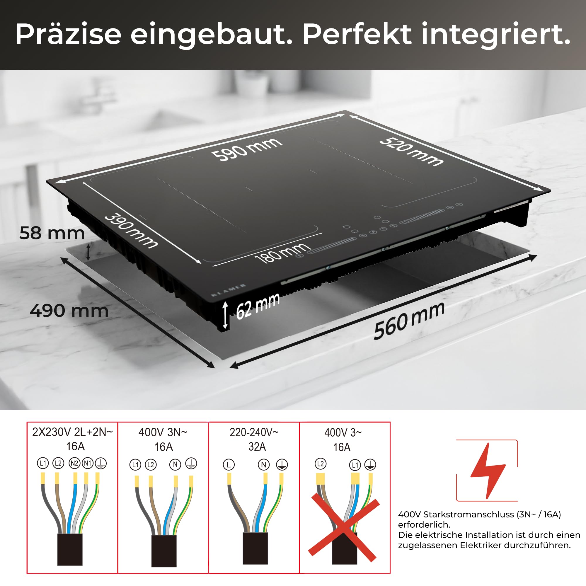 Induktionskochfeld 60 cm 4 Zonen 2 Flexzonen 7400 W Glaskeramik Boost-Funktion Timer Kindersicherung Abschaltautomatik