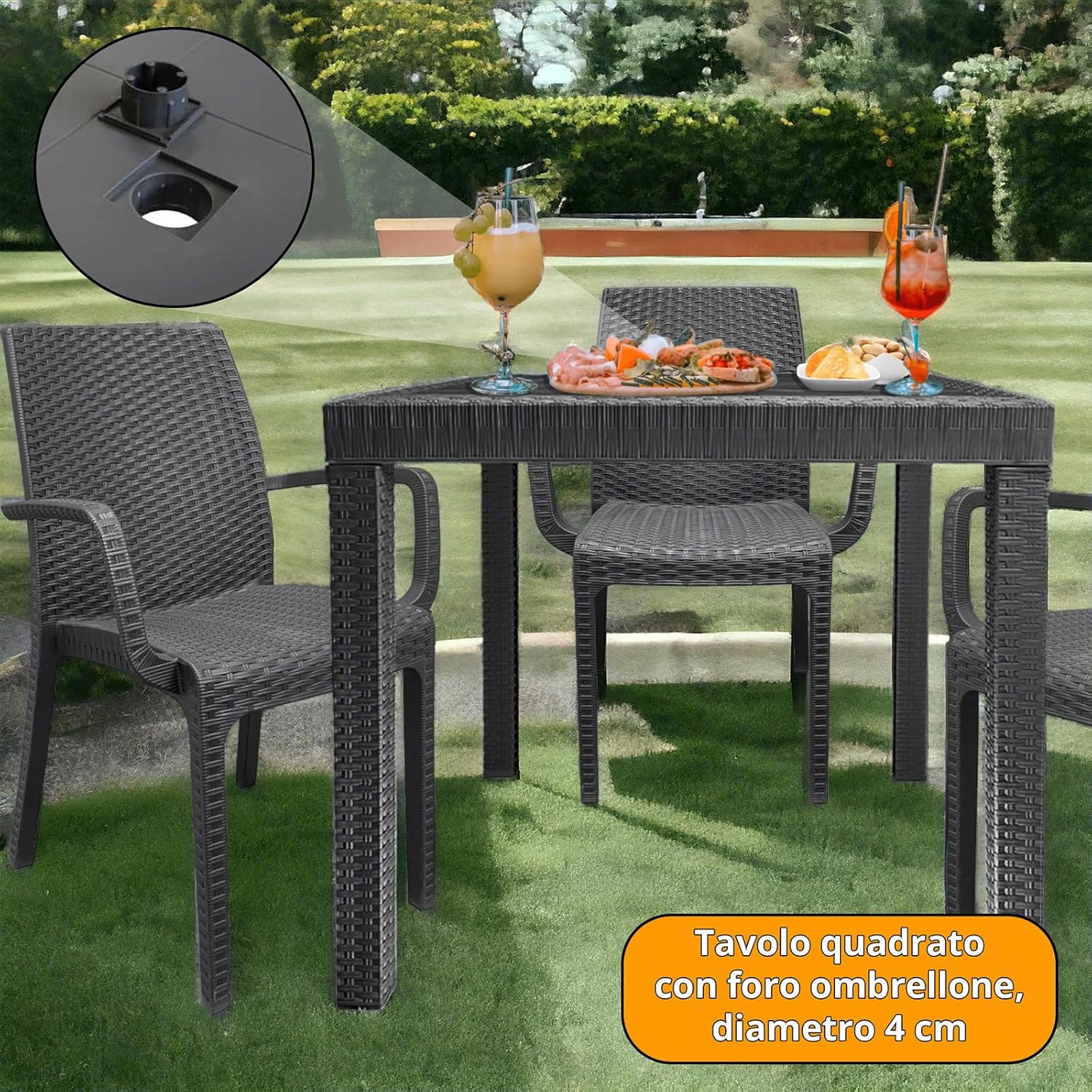 Sicignano Set of 5, 4 Chairs with Armrests + 1 Square Rattan Table – Stackable, UV Resistant, Indoor Outdoor Furniture Bar Pub Garden Terrace, Made in Italy (Anthracite)