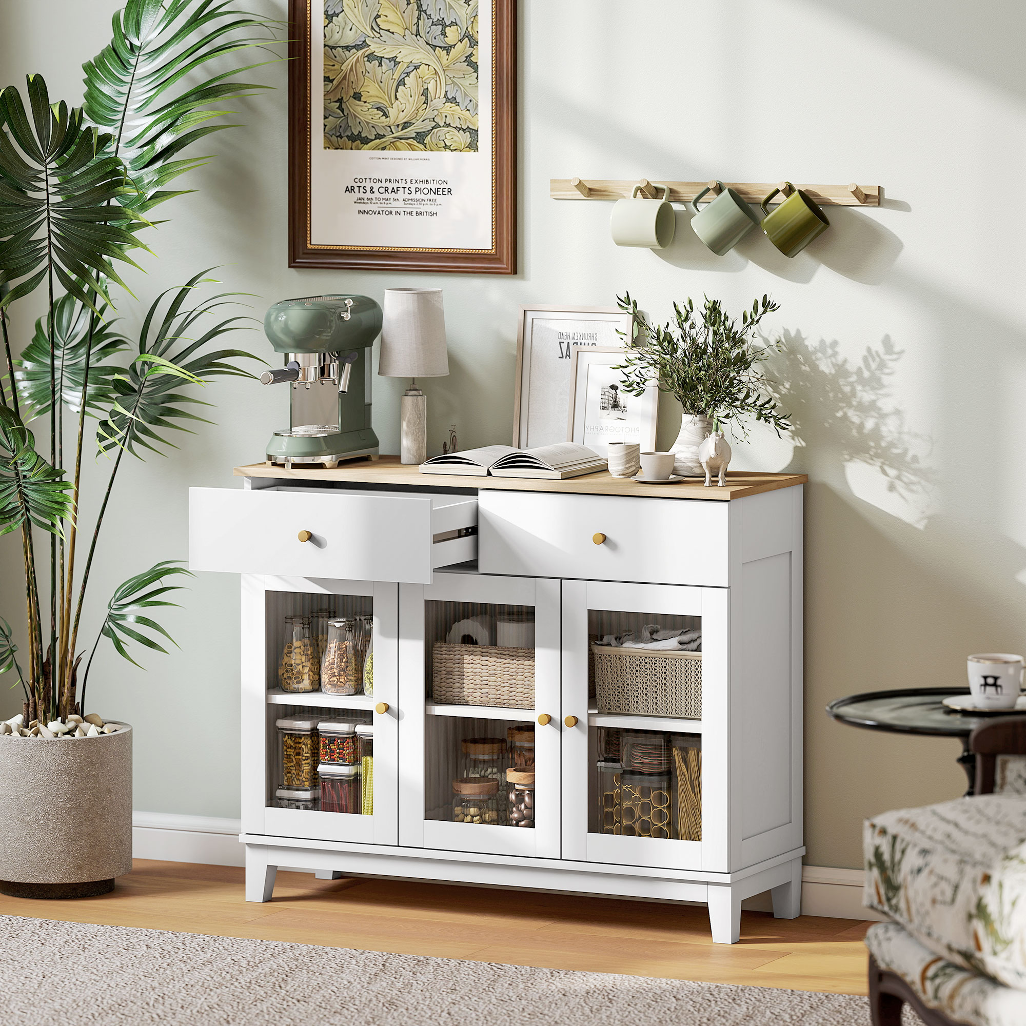 HOMCOM Buffet Wohnzimmerschrank mit 2 Schränken mit geriffelten gehärteten Glastüren, 2 Schubladen und verstellbaren Regalen, 100 x 35 x 80,3 cm, weiß