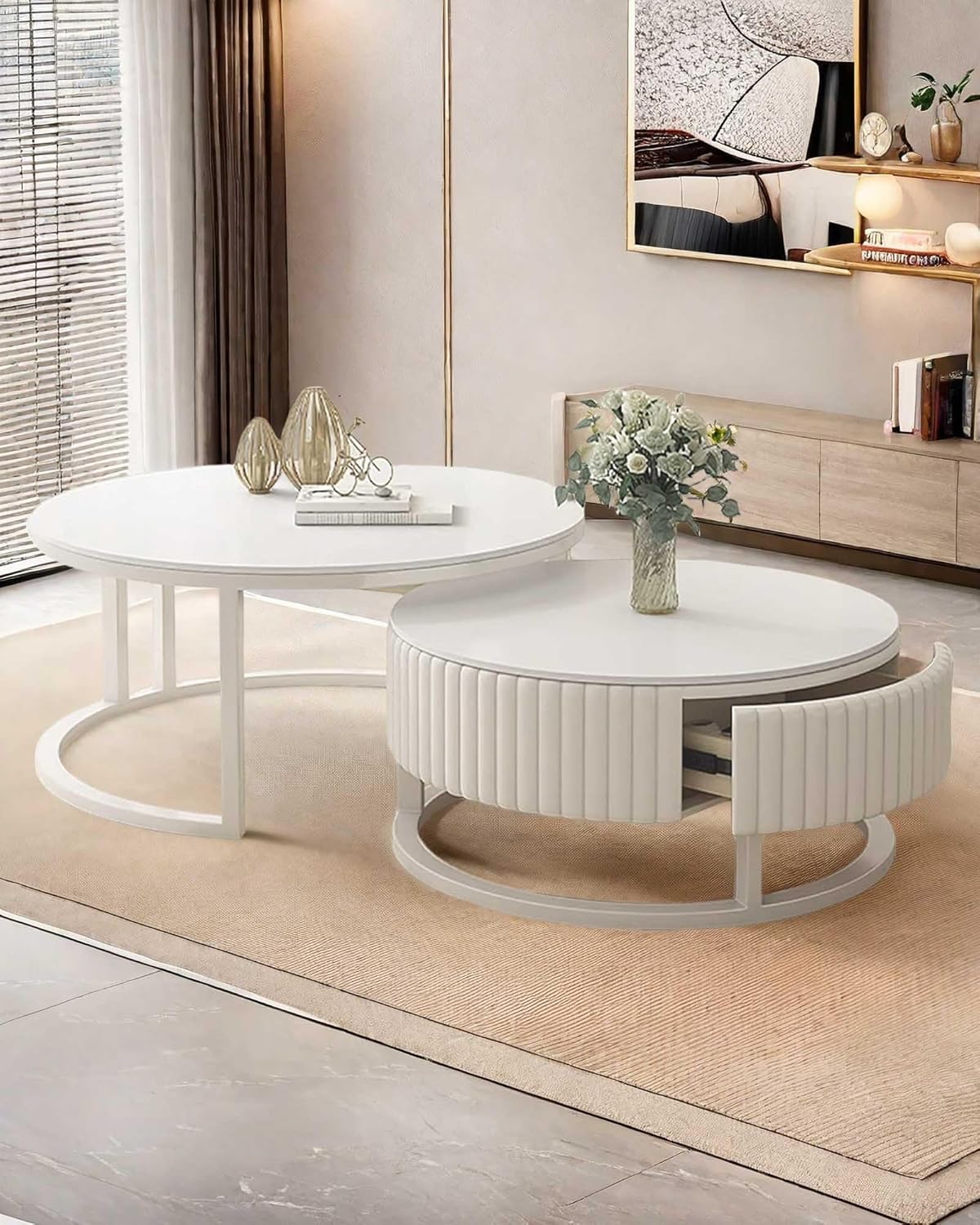 2er Set Runder Couchtisch Weiss 50+70cm Coffee Table Nested Beistelltisch Wohnzimmertisch Kaffeetisch Satztische Für Wohnzimmer, Balkon Und Büro, Metallgestell