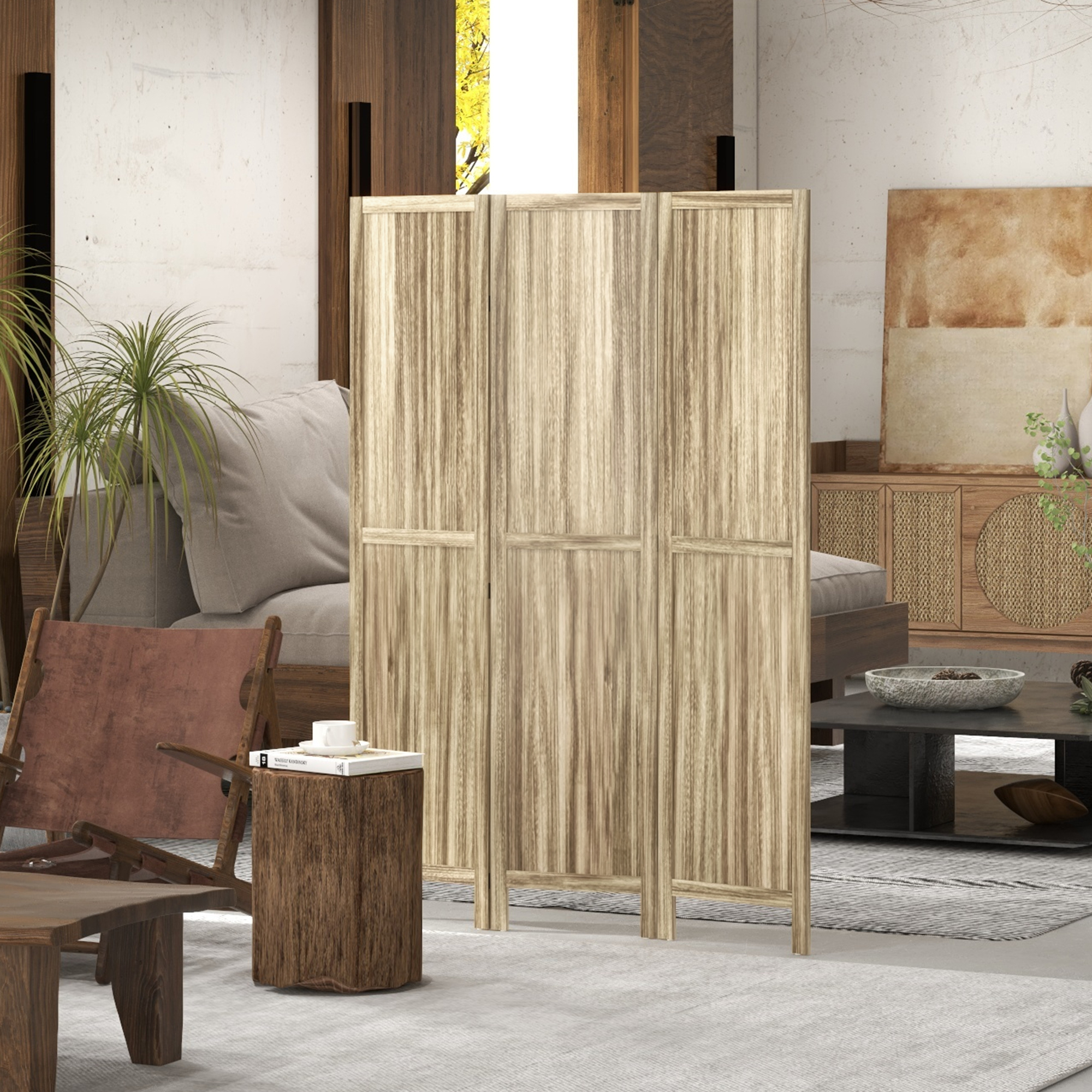 HOMCOM Paravent aus Paulownia-Holz 3 Panels 120 x 170 cm Raumteiler faltbare Trennwand - Naturholz