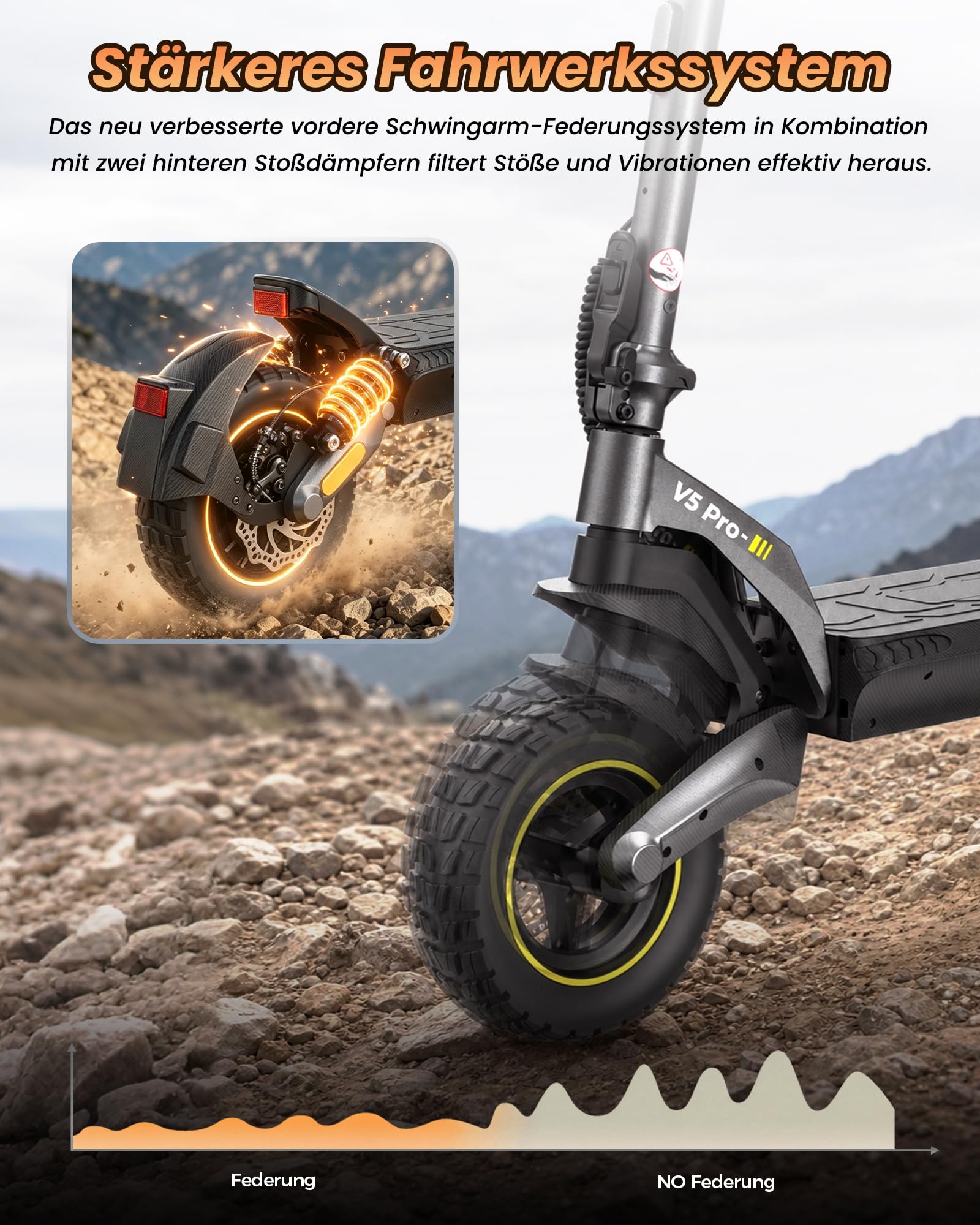 E-Scooter V5Pro mit ABE 500 W 20 km/h 10-Zoll-Luftreifen 48 V 12,5 Ah Akku bis 70 km Reichweite Doppelstoßdämpfung