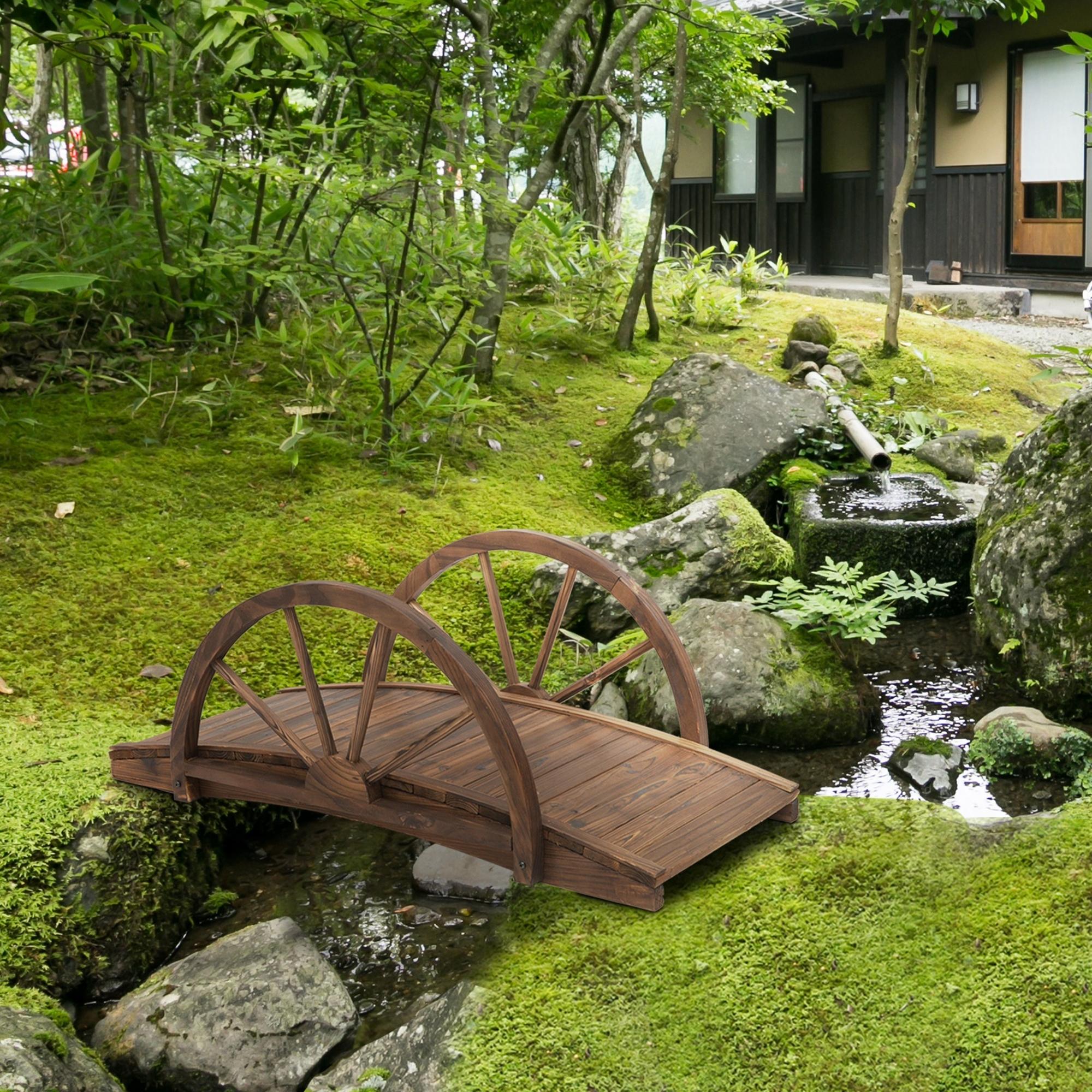 Outsunny Gartenbrücke aus Tannenholz, Holzbrücke mit Rad Design, Teichbrücke bis 150 kg belastbar 100 x 50 x 37 cm Verkohlt