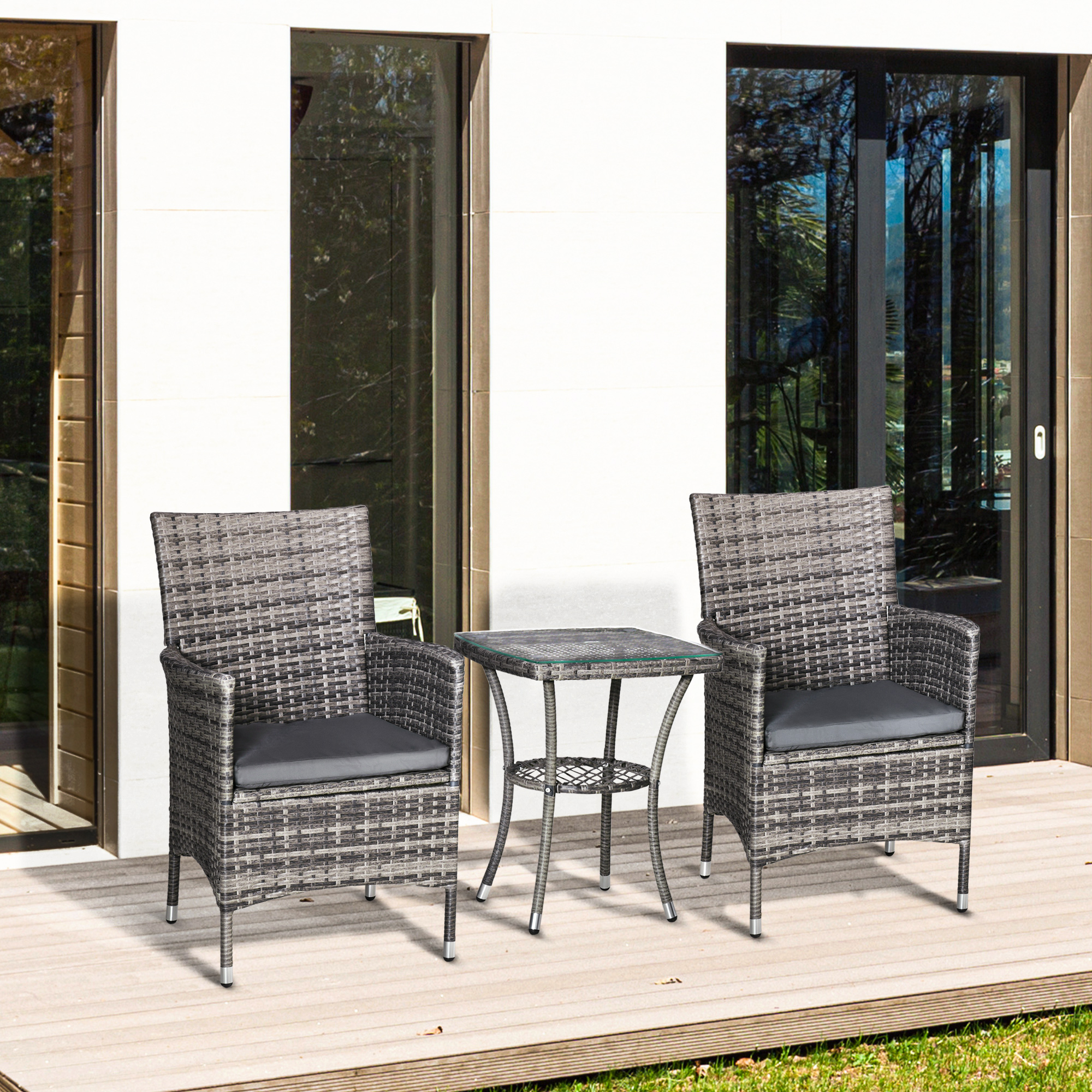 Outsunny Balkonmöbel Set für 2 Personen Sitzgruppe Rattan Gartenset Polyrattan Dunkelgrau