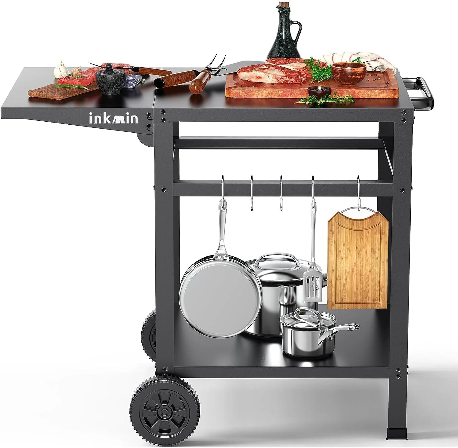 Upgraded Stainless Steel Outdoor BBQ Cart with Double-Shelf and Wheels – Movable Dining Table with Foldable Side and Hooks