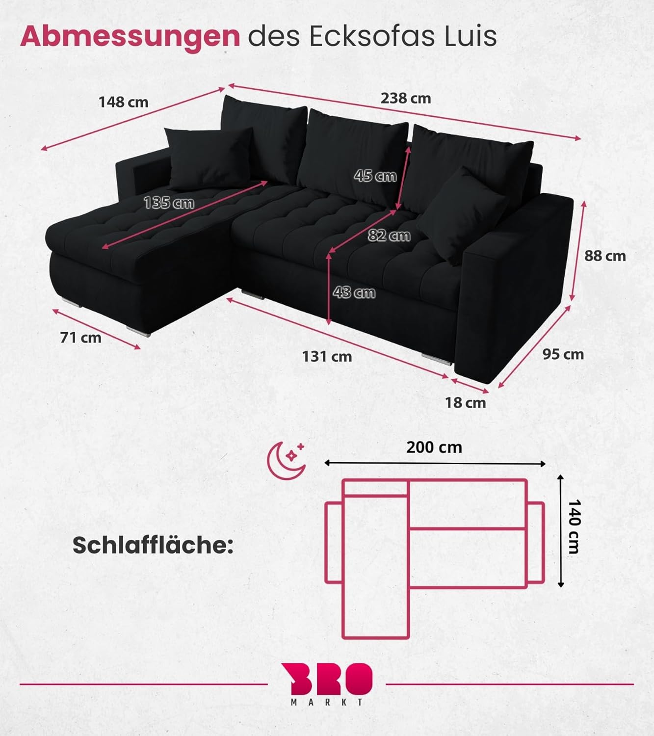 BROMARKT Sofa mit Schlaffunktion Ecksofa L-Form Schlafsofa Couch Bettkasten Wohnzimmer Möbel LUIS Couch 3 Sitzer Bett mit Bezugbehalter 238x150x72 Graphite