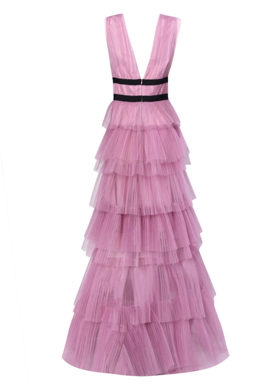 Eliza Dark Pink Plunge Neck Layered Tulle Maxi Gown