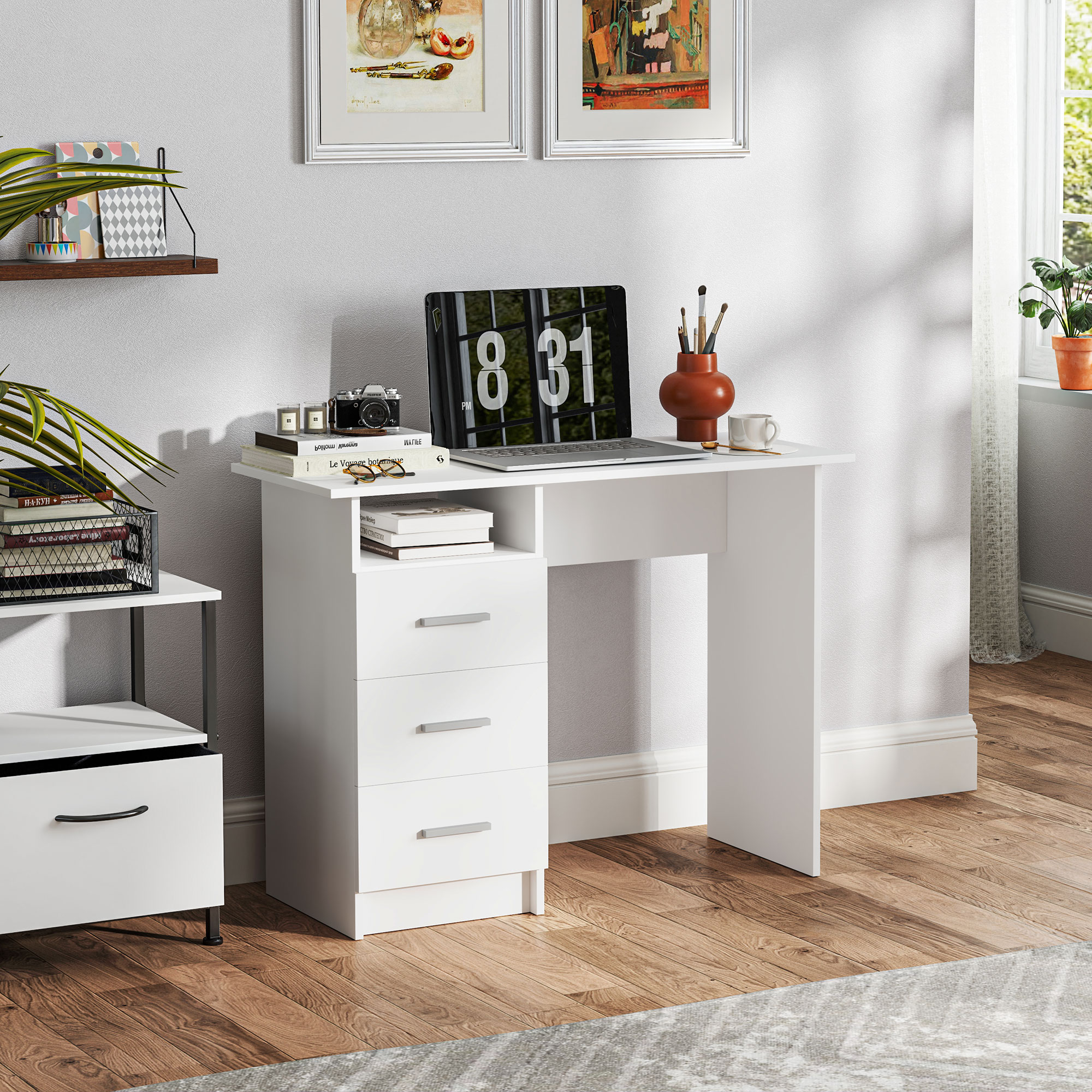 HOMCOM Moderner Schreibtisch aus Holz mit 3 Schubladen und offenem Regal, 100x40x75 cm, Weiß und Braun