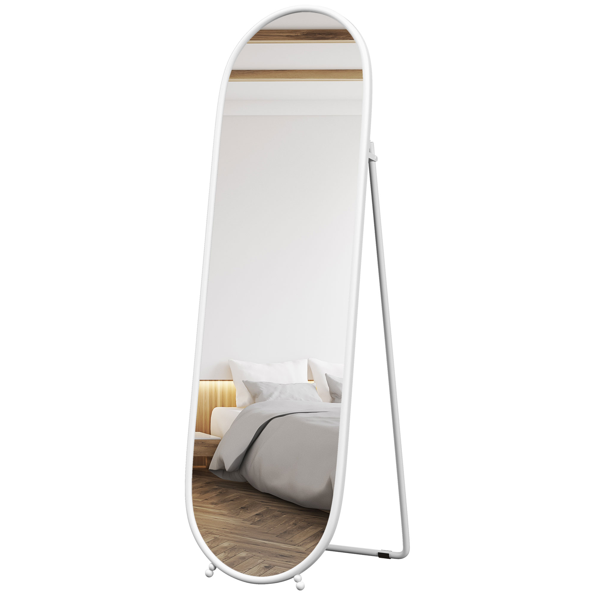 HOMCOM Ganzkörperspiegel, ovale Form, freistehend, Metallrahmen, 40x160cm, Farbe: Weiß