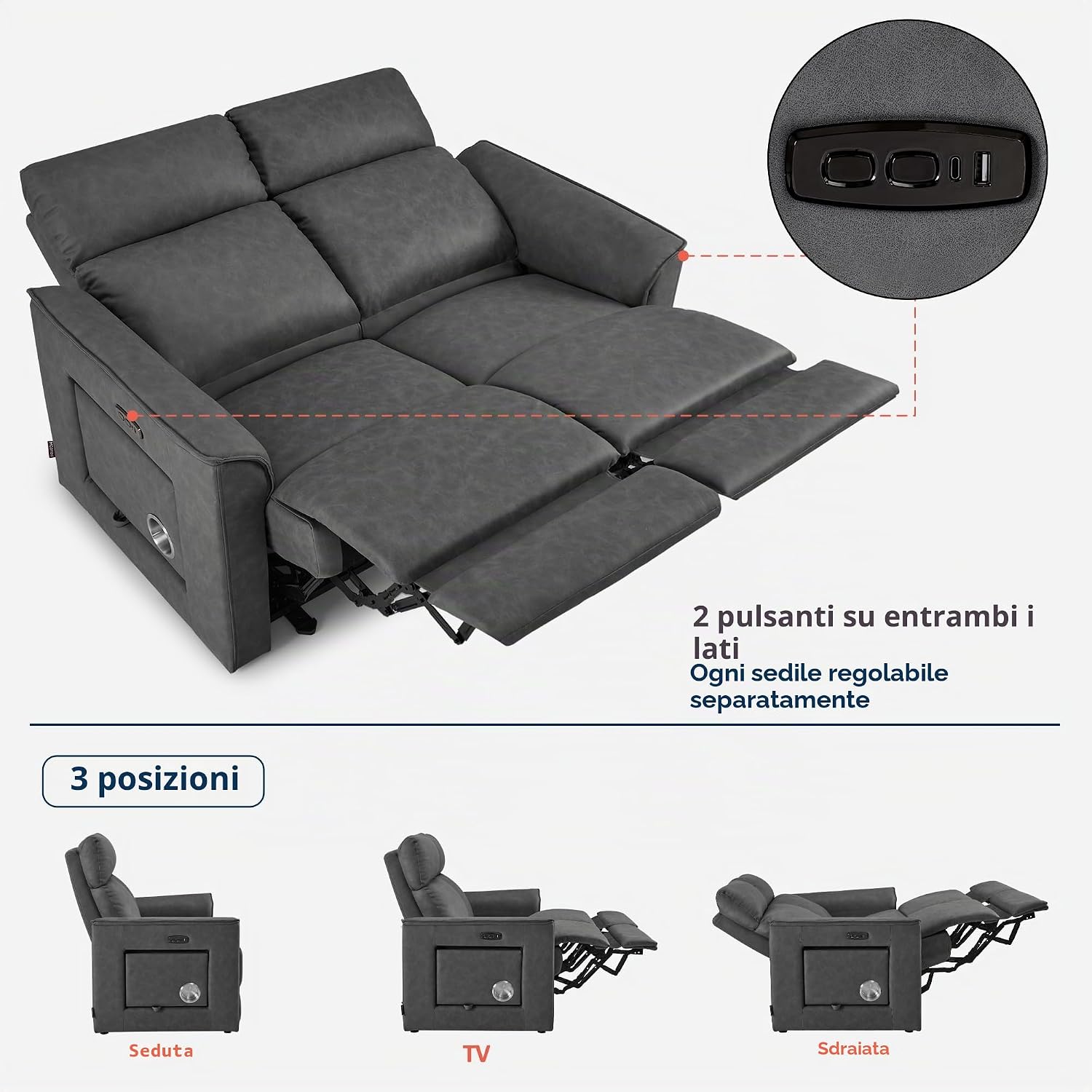 MCombo M Poltrona TV 2 posti elettrica, regolabile in posizione zero-gravity 155°, con tavolino laterale nascosto, funzione relax e cuscino in schiuma piena 35D, 7719M1 (Grigio Scuro)