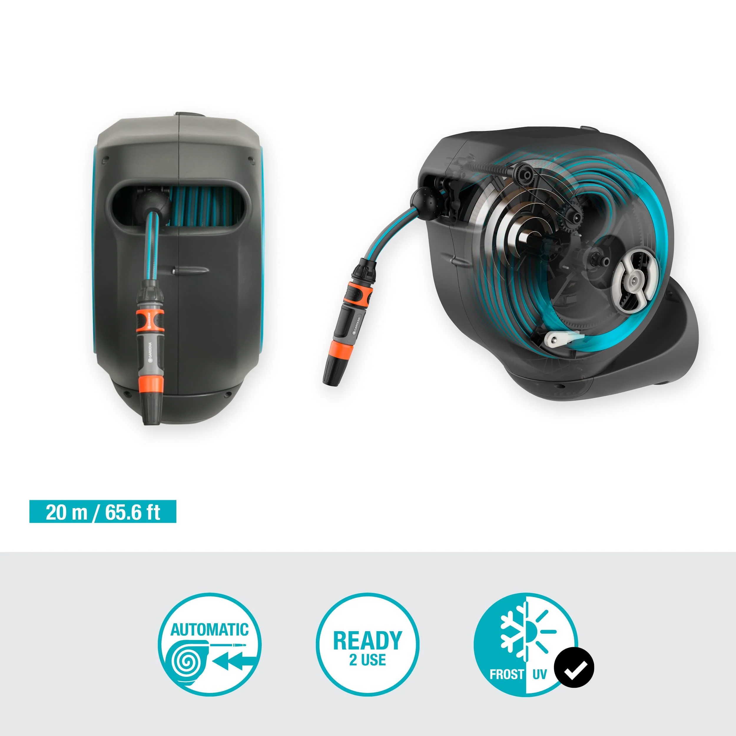 Gardena Cassetta Avvolgitubo da Parete RollUp M (turchese) 20 m: Irrigazione flessibile per giardini di medie dimensioni, tamburo orientabile con supporto a parete, accessori del sistema e pistola a spruzzo inclusi, tubo da 20 m (18610-20)