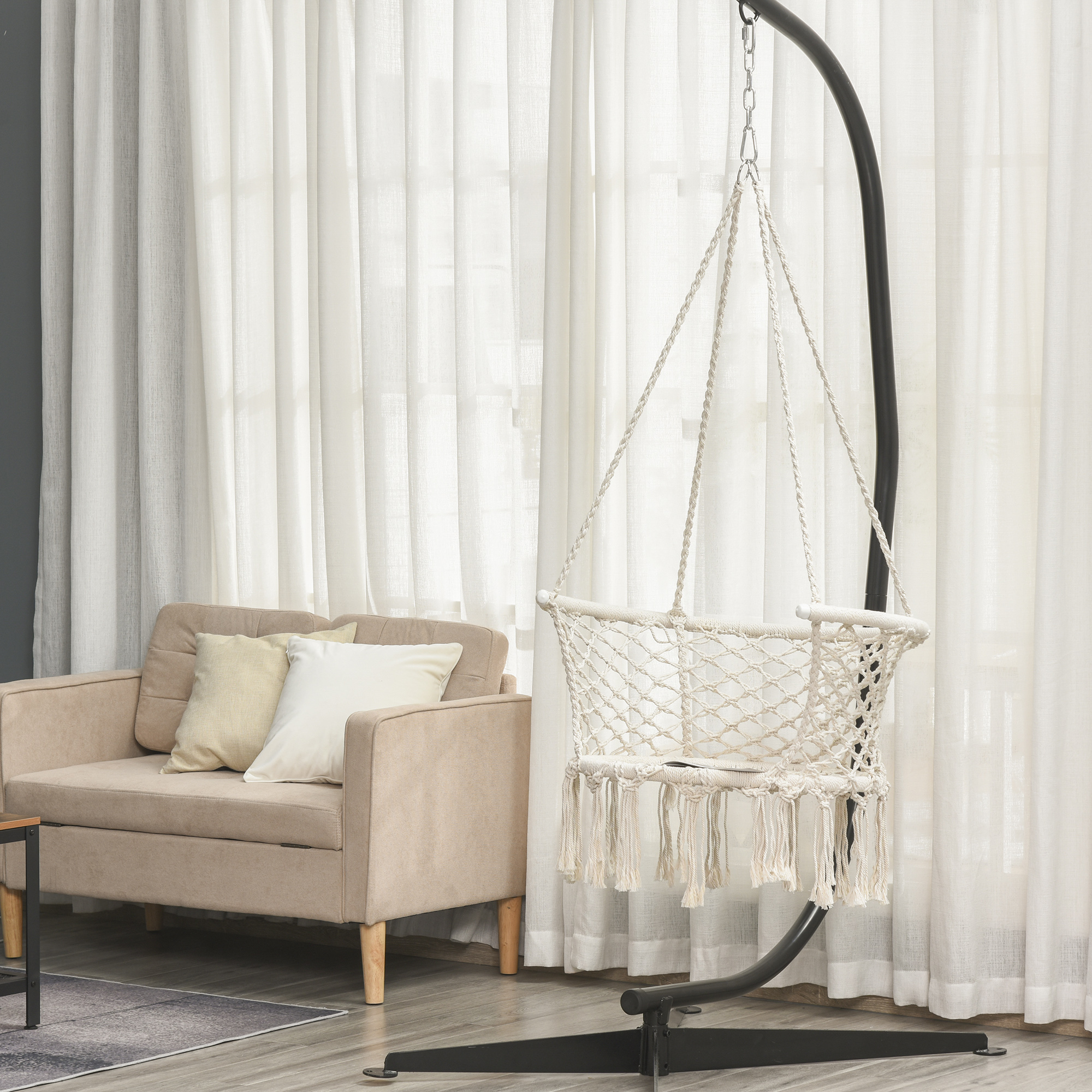 Outsunny Garten-Hängematte Boho Chic aus Polyester und Makramee für Innen und Außen, Creme, 80x60x36cm