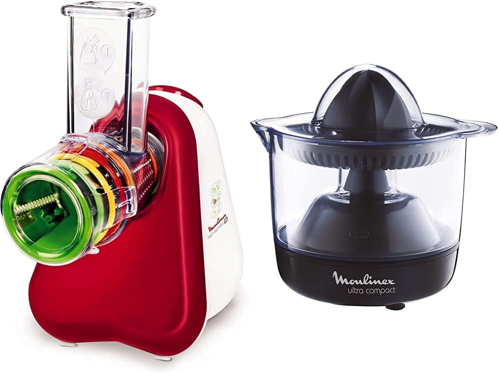 Moulinex DJ755G10 Fresh Express Plus Electric Grater Slicer, 5 Cutting Functions, 200 W, 1 L, 1 Decibel, Plastic, Red