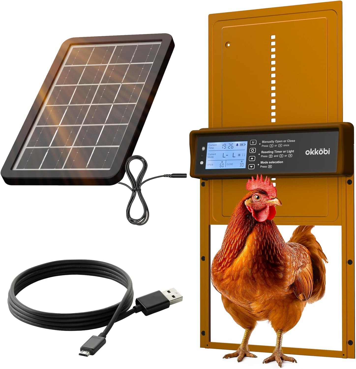 Okkobi Porta Automatica Pollaio Solare - Display LCD - Porta Pollaio con telecomando, Sensore di luce e Timer - Sicurezza e tranquillità: Funzione Antipizzicamento - Protezione di 5 anni