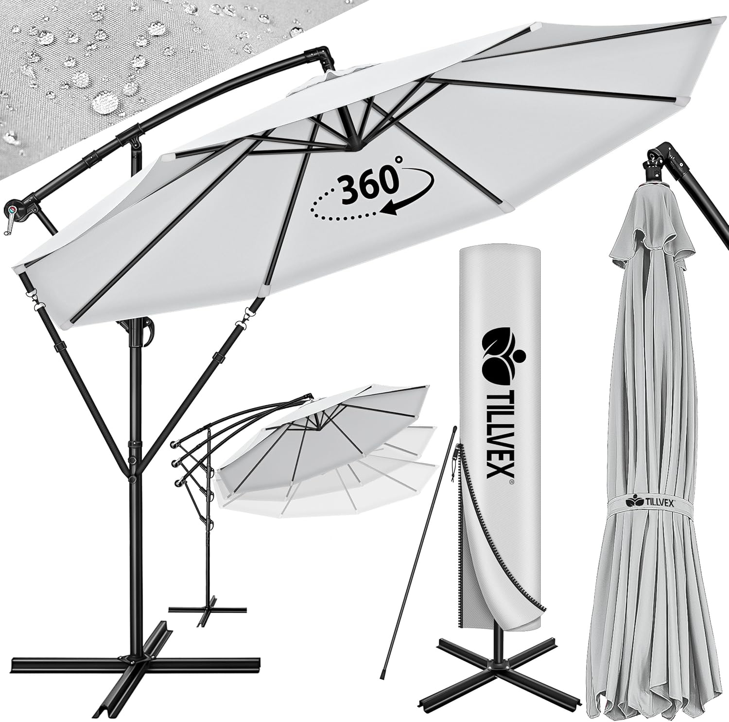 tillvex Ombrellone da Giardino ? 300 cm con manovella | Ombrellone con asta per giardino, terrazza, balcone, | Materiale Alluminio con protezione UV - impermeabile | Ombrellone a manovella con base