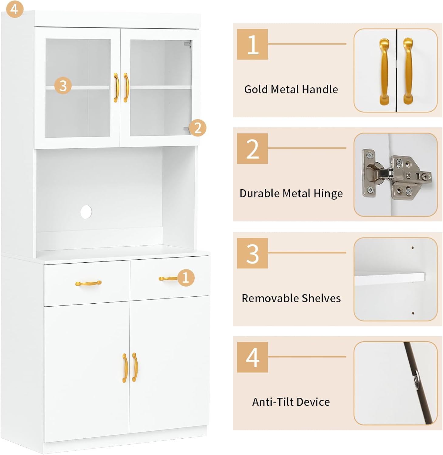 VOWNER Credenza Cucina Alta, Cucina Dispensa, Mobile Buffet, Mobile Dispensa con 4 Armadietti, Armadio Dispensa, 2 Ripiani Regolabili, MDF, 80L x 40W x 181H cm (Bianco)