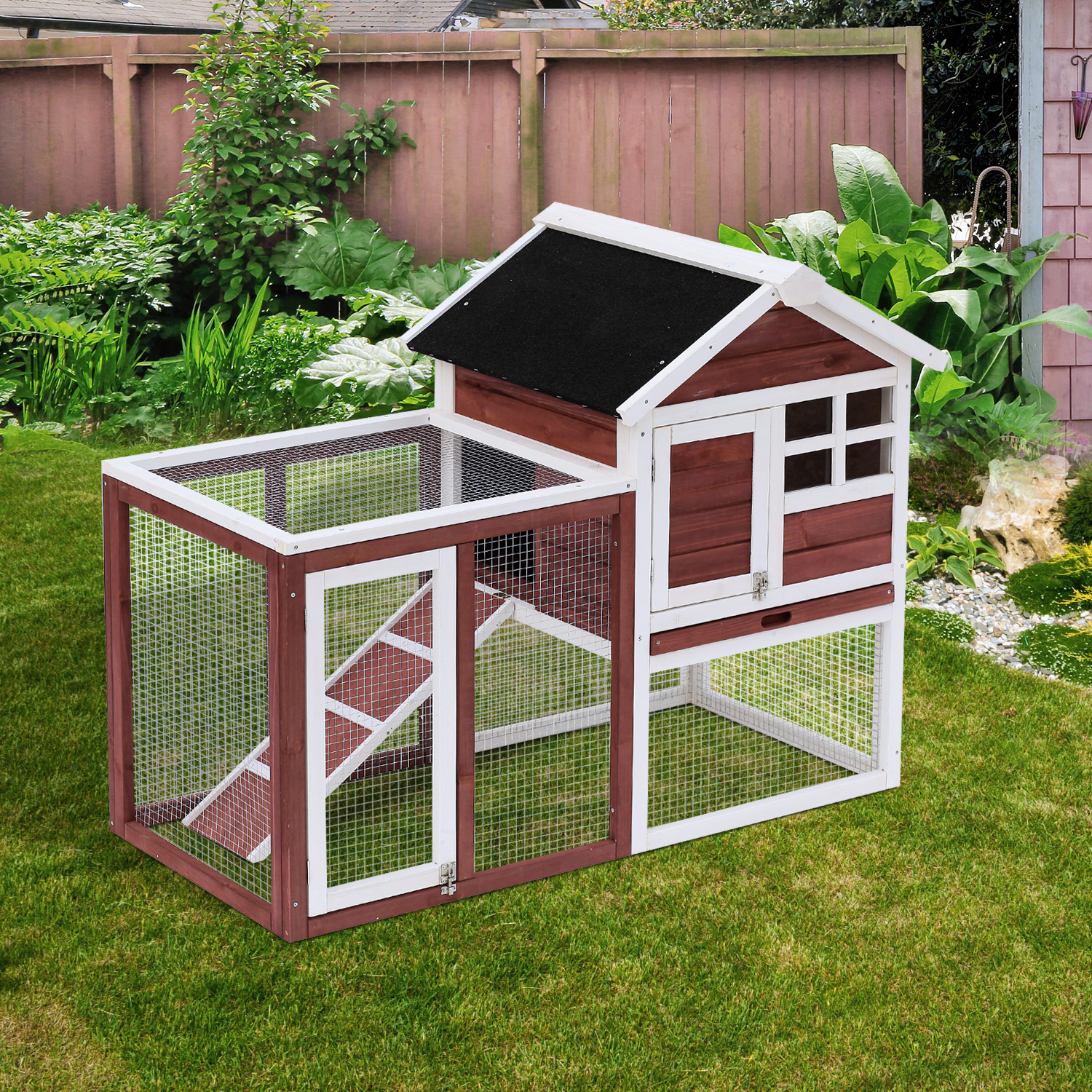 PawHut Hasenstall Multi-ausgestattet: Oberteil mit Rampe, Kotwanne, Fenster + sicheres Außengehege 2 Türen 122L x 63B x 92H cm Terrakotta