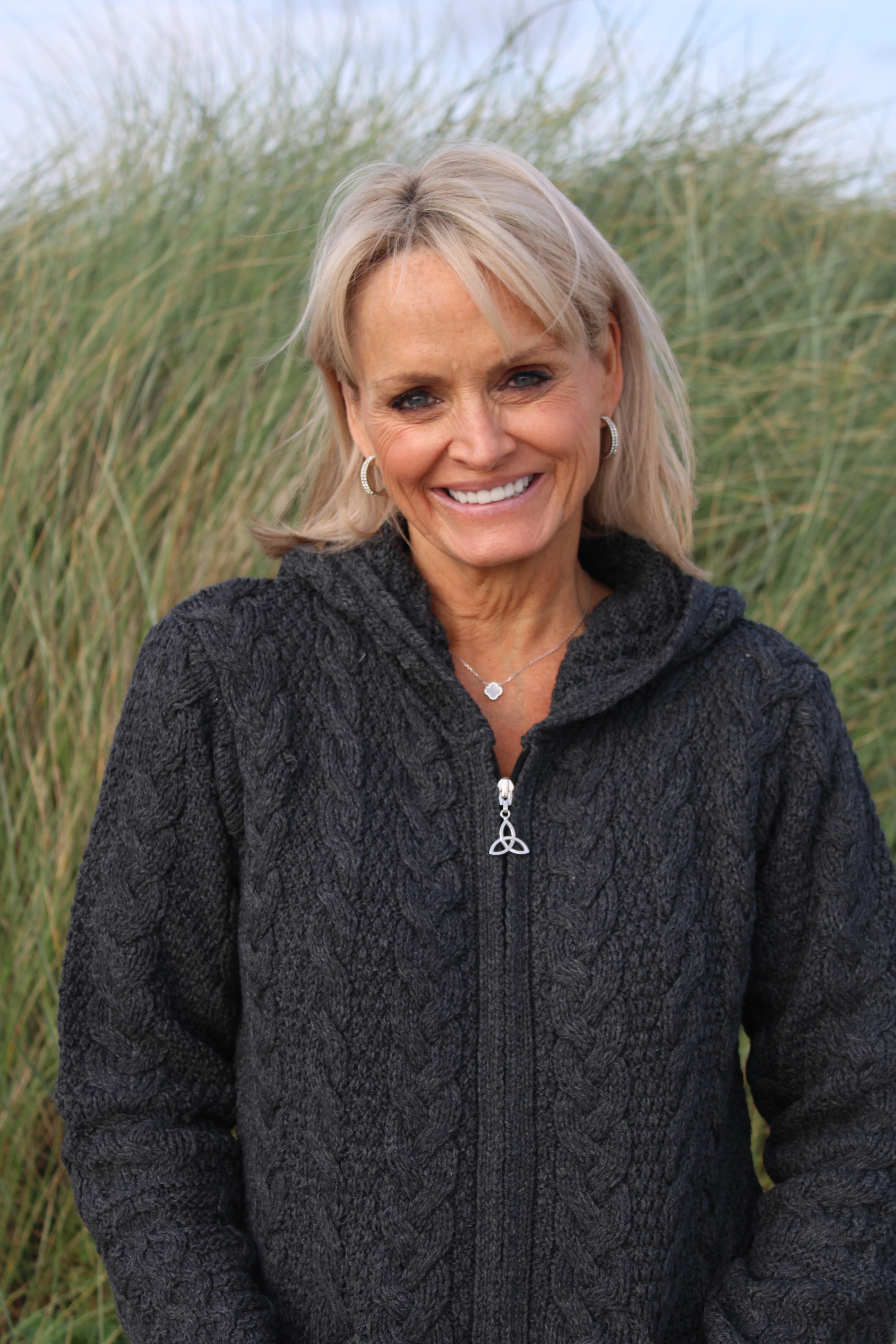 Long Hooded Zip Aran Cardigan , Charcoal