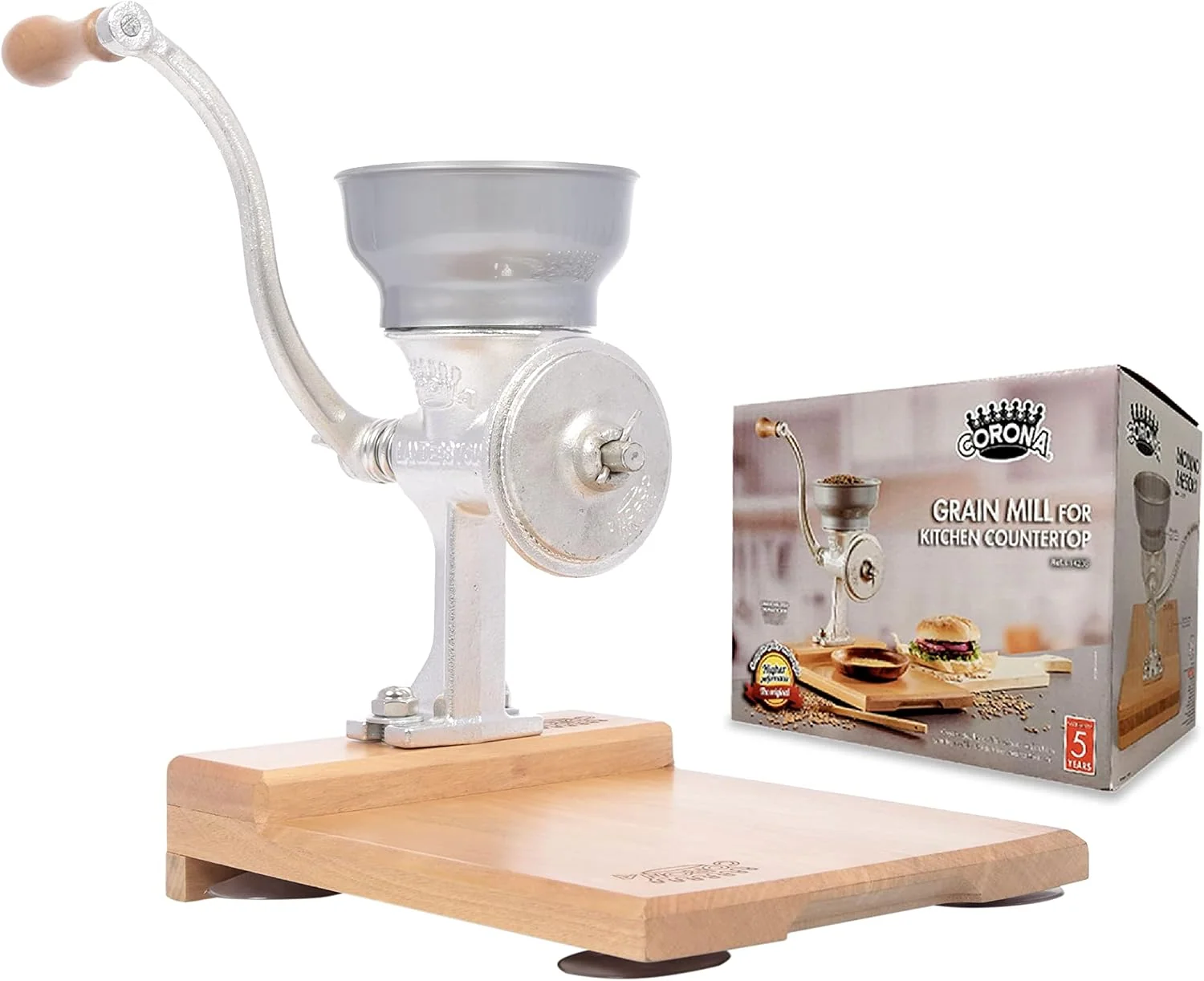 Corona Gusseisen Mais und Getreidemühle mit Holztisch Maismühle Getreidemühle Manuelle Mühle mit Tisch für Mais, Gusseisenmühle für den Hausgebrauch