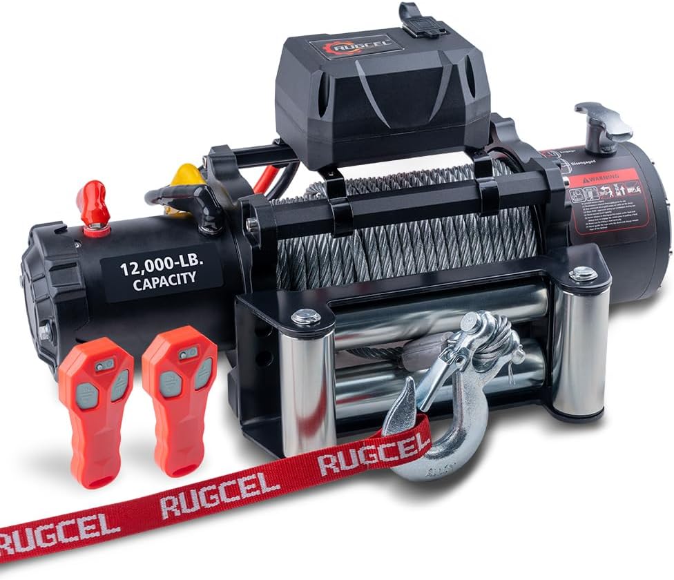 RUGCEL WINCH 12000lb 12V Truck Waterproof Electric Black Steel Rope Electric Winch with Roller Fairlead,Wired Handle,2 Infrared Remote Control, Trailer Winch