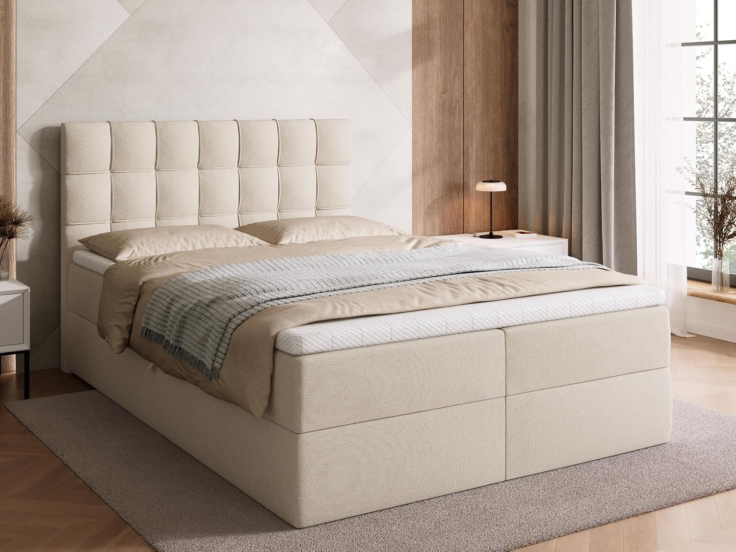 BROMARKT Boxspringbett 140x200cm mit Topper und Bettkasten H3 Beige