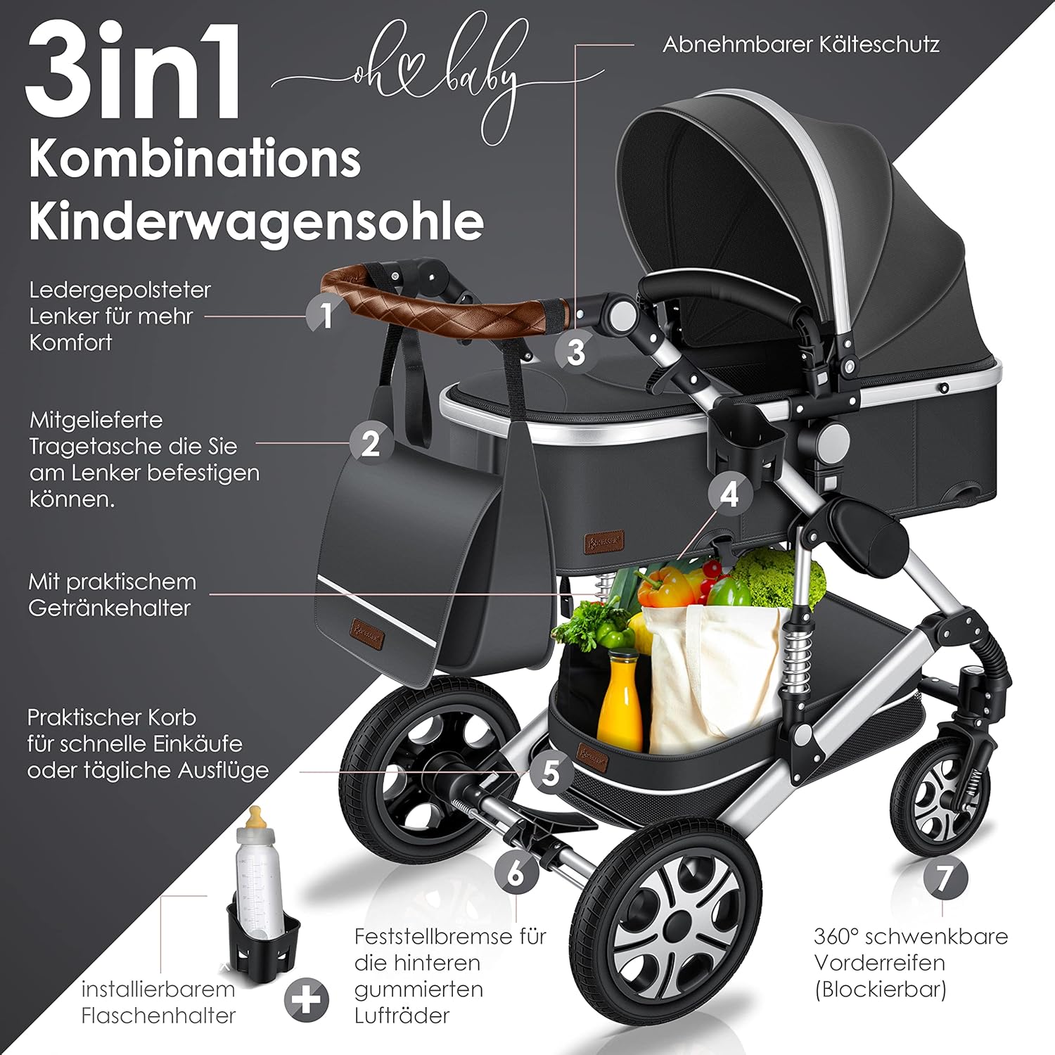 KESSER® Loops 3 in 1 Kinderwagen Kombikinderwagen Komplett-Set inkl. Babywanne & Buggy Sportsitz & Auto-Babyschale Voll-Gummireifen Wickeltasche Regenschutz Kindertisch ECE R129, Schwarz/Schwarz