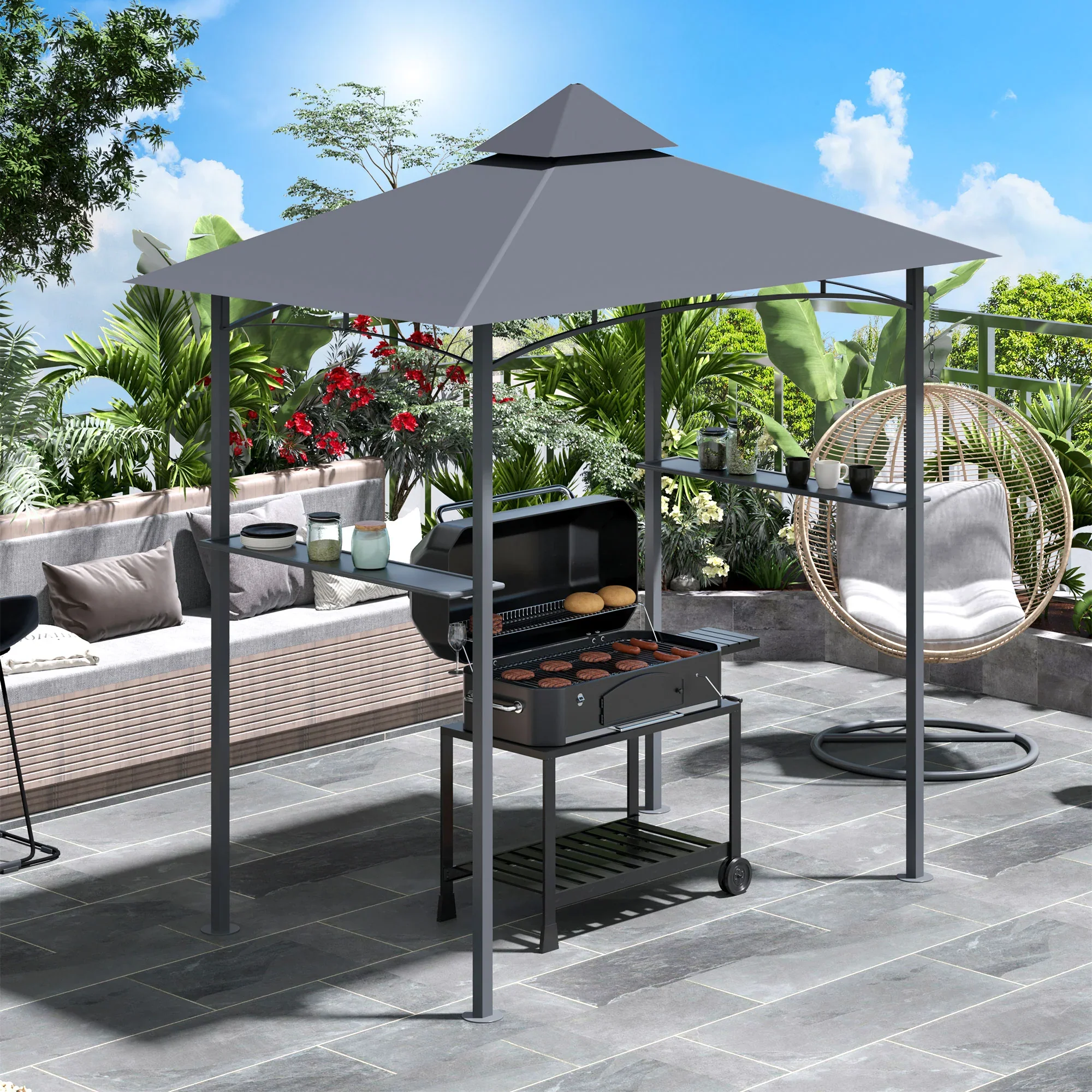 Outsunny Grillpaviljoen 245x148 cm met dubbel dak grijs