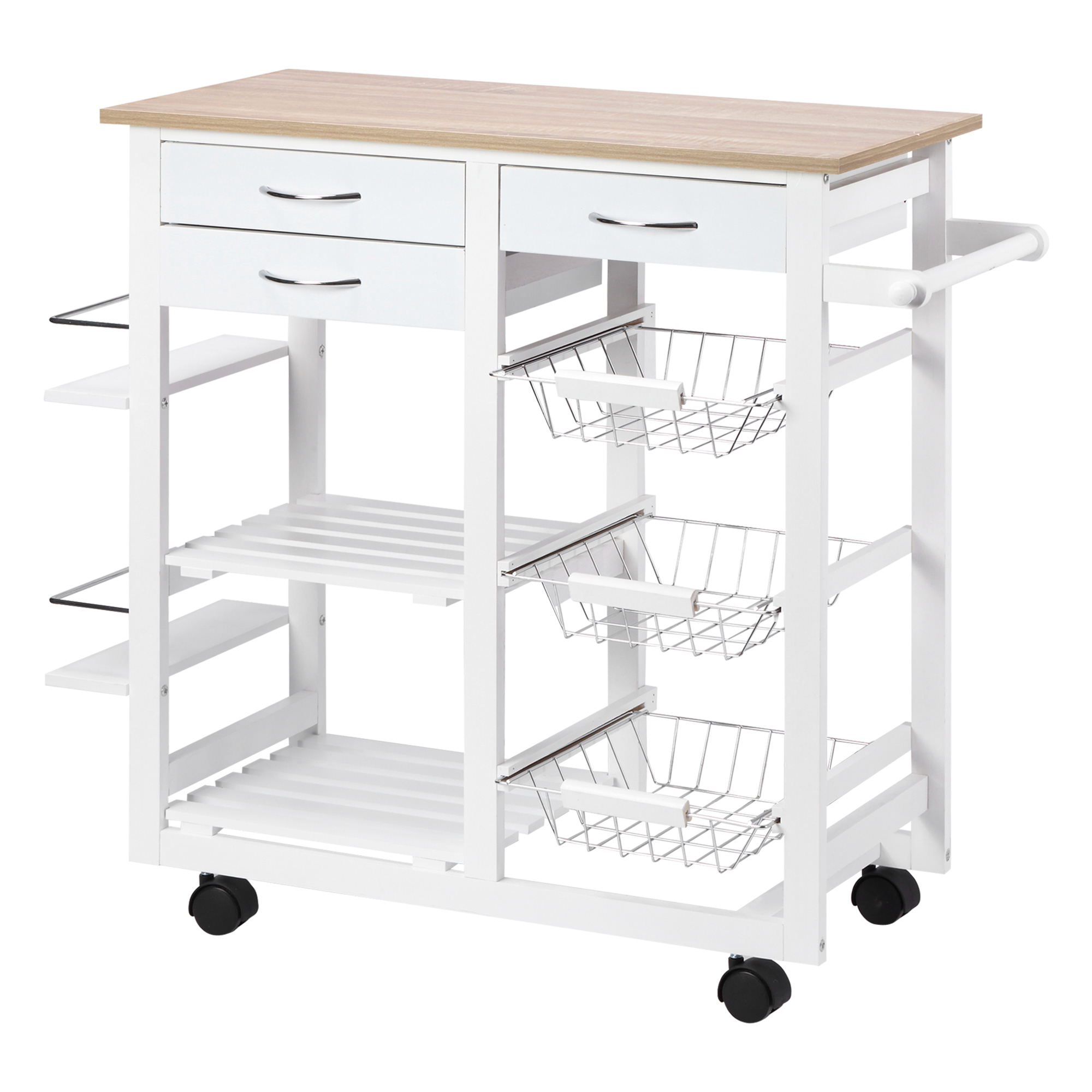 HOMCOM Servierwagen Küchenwagen mit Rollen, vielseitige Aufbewahrungsmöglichkeiten, 92B x 37T x 82H cm, MDF Eichenholzoptik Kiefernholz Weiß