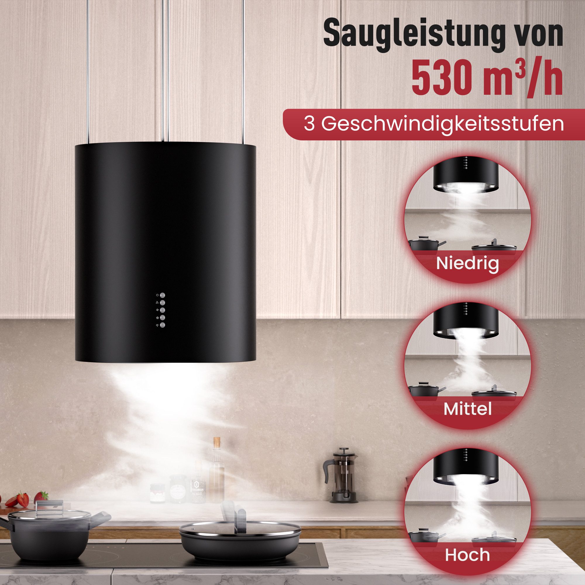 Inselhaube A+ 530 m³/h Dunstabzugshaube Umluft Freihängend