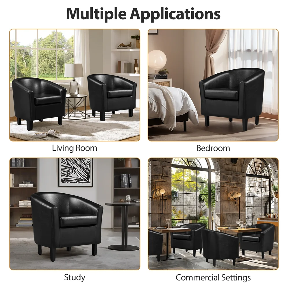 Renwick Faux Leather Barrel Accent Chair for Living Room, Set of 2, Black