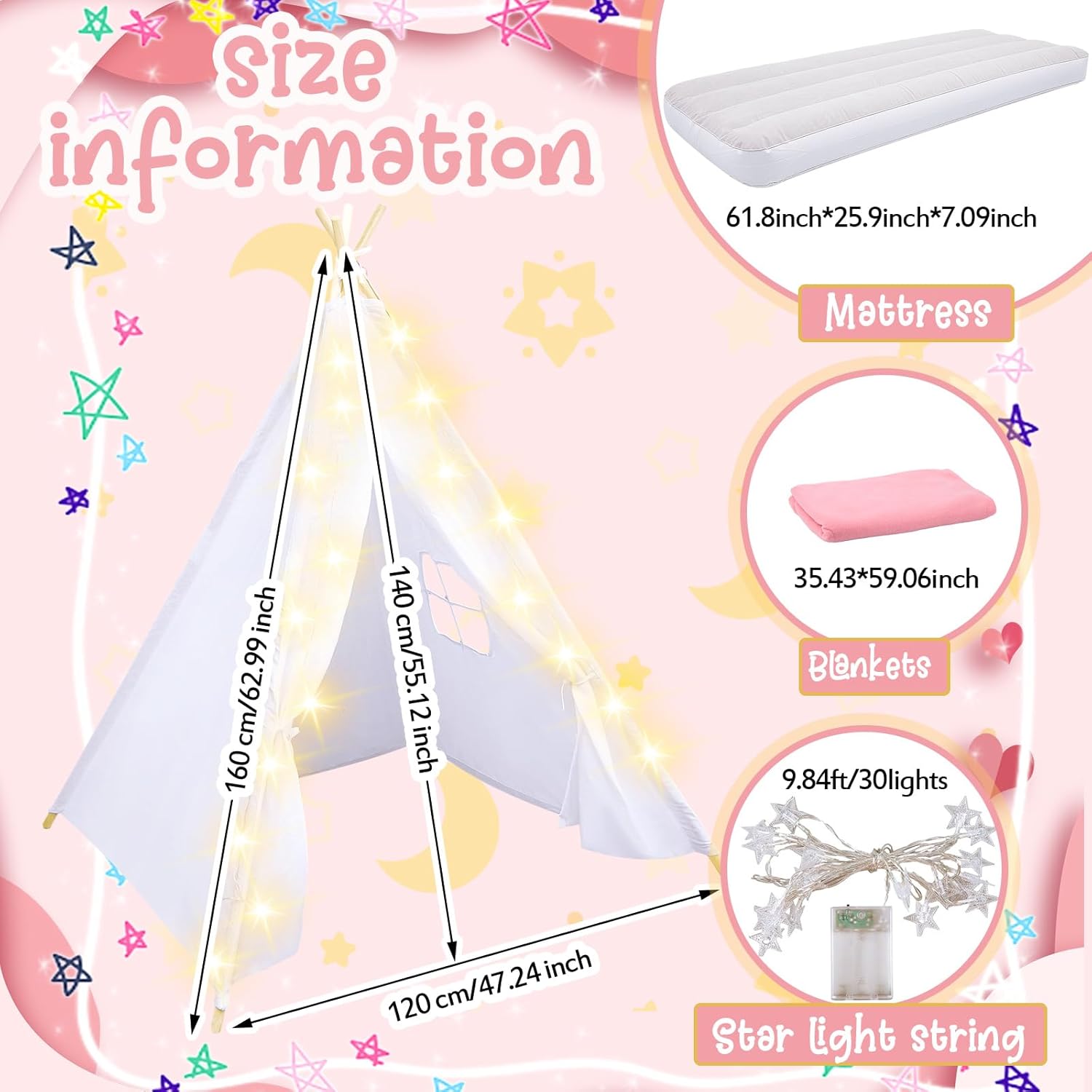 Windyun 8-Pack Kids Teepee Tent Set, Sleepover Party, White