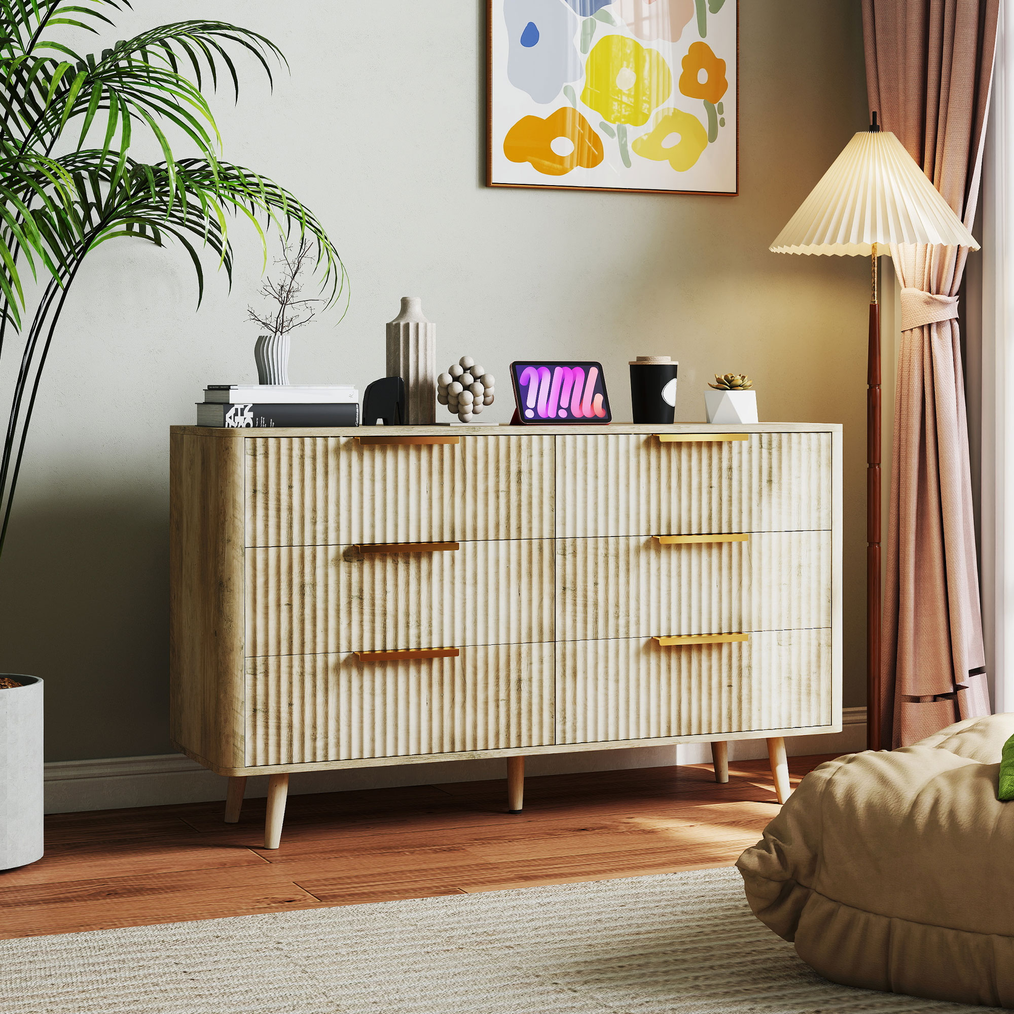 HOMCOM Kommode 6 Schubladen skandinavisch mit Griffen und Kieferfüßen, für Schlafzimmer, Wohnzimmer, Flur, 120x40x76cm, Eiche