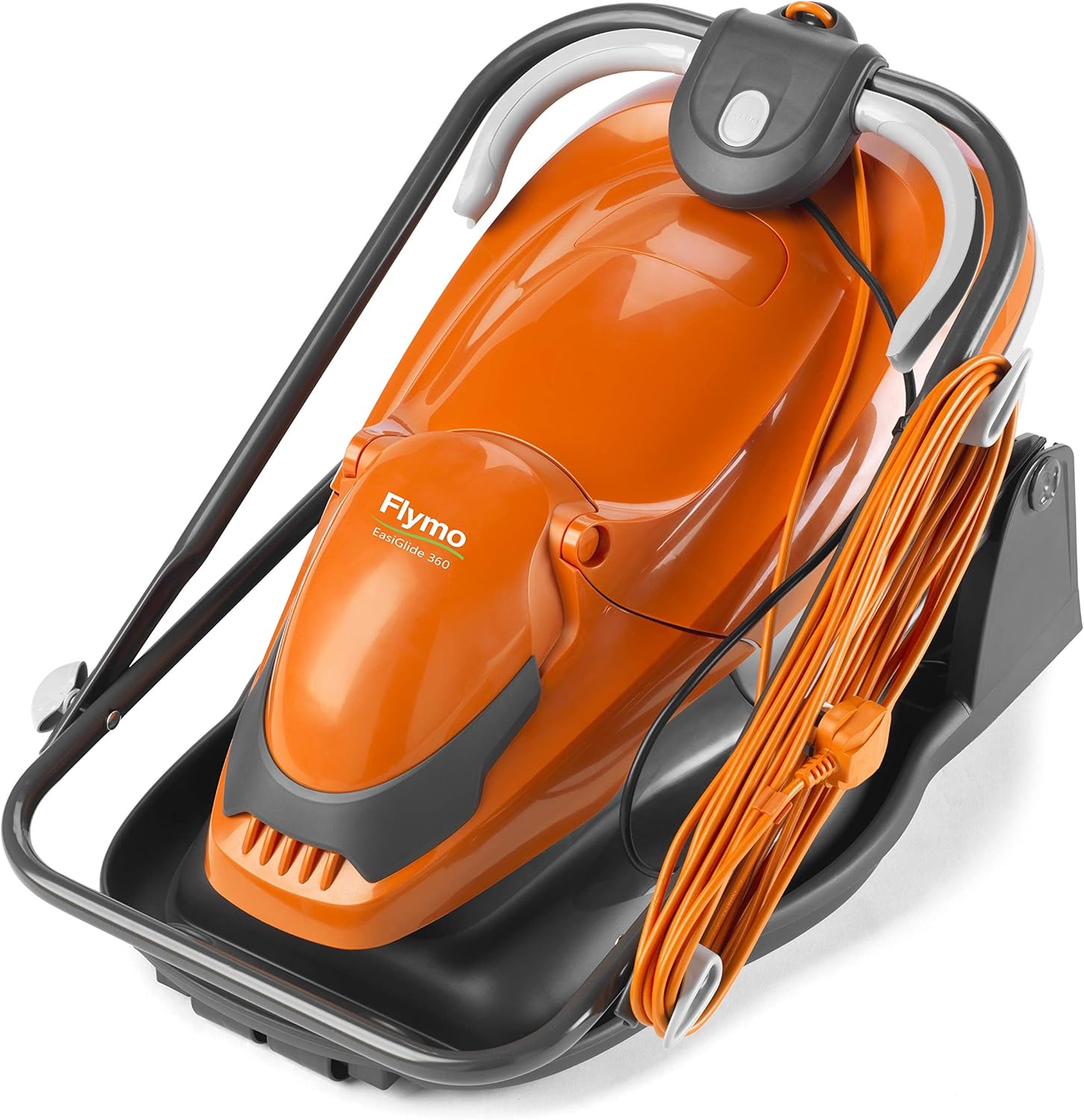 Flymo EasiGlide 360 Hover Collect Tosaerba – Motore da 1800 W, larghezza di taglio 36 cm, cestino raccoglierba da 26 litri, pieghevole piatto, lunghezza cavo da 10 m, colore: arancione/grigio, 36 cm