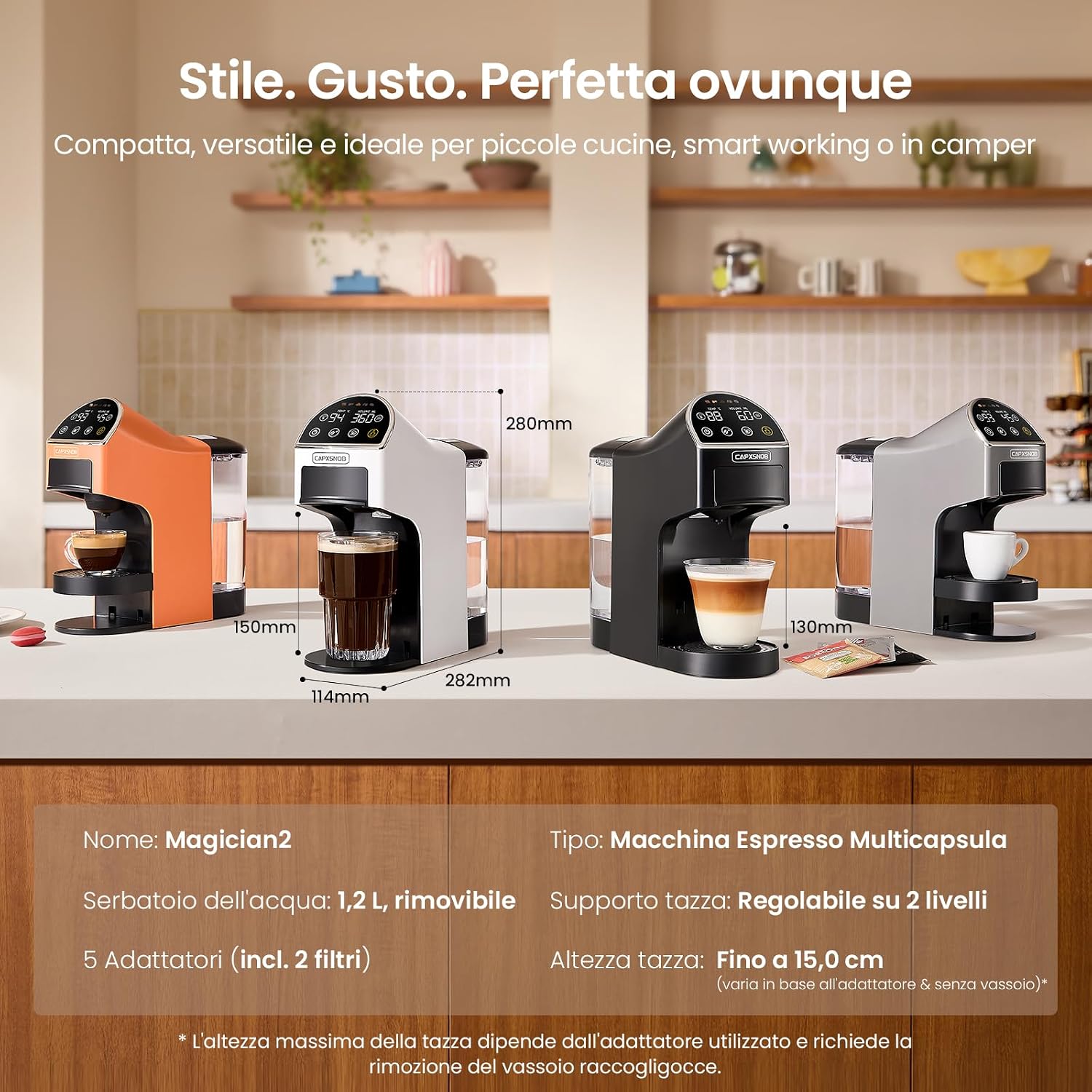 Magician2 Macchina da Caffè Multicapsula 5 in 1 per Nespresso, Dolce Gusto, Lavazza A Modo Mio, Cialde ESE 44 e Macinato, Touch LED, Auto-Adattivo, 20 Bar, 1,2L, Macchina Espresso per Casa e Ufficio