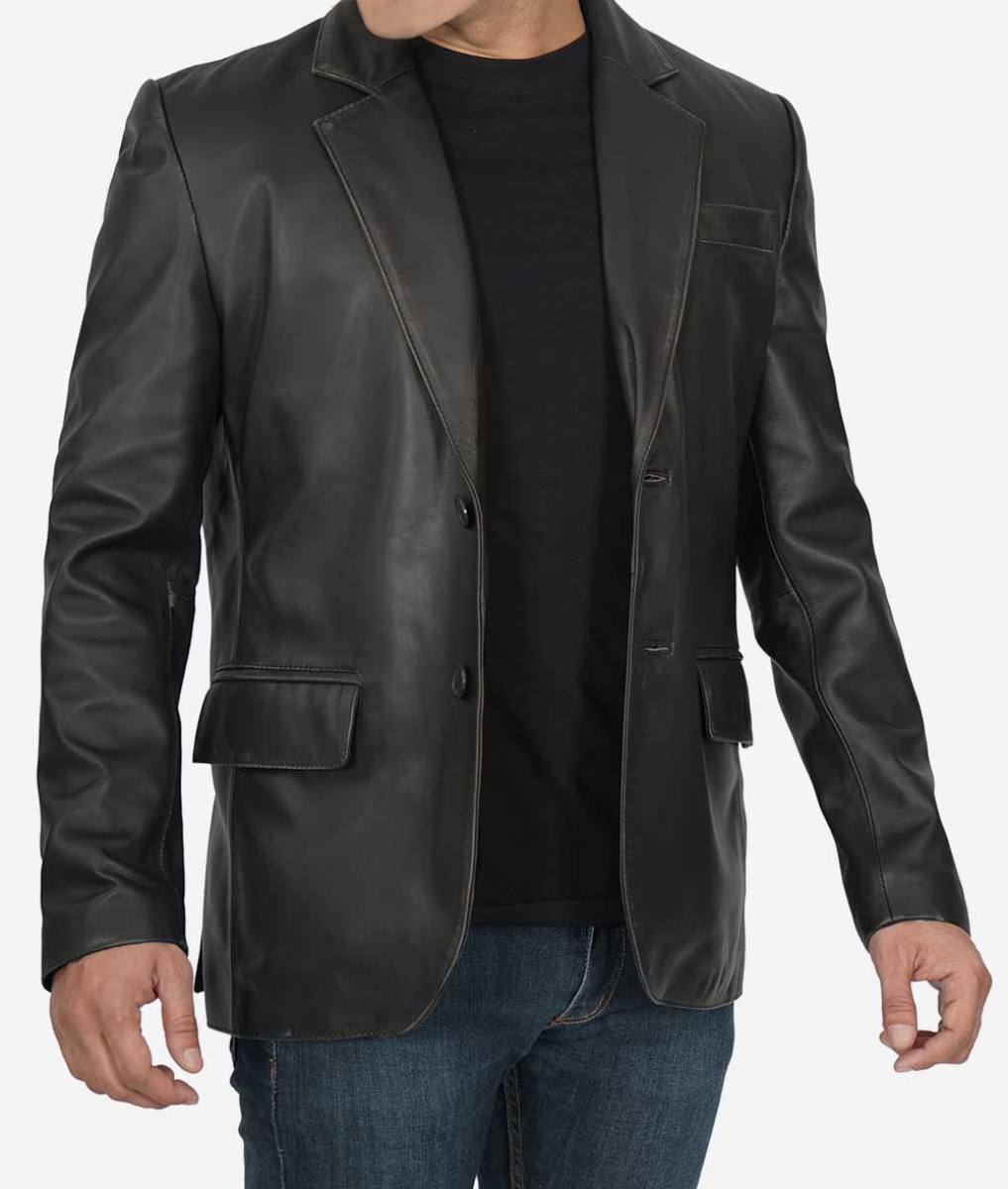 Mens Notch Lapel Black Leather Blazer