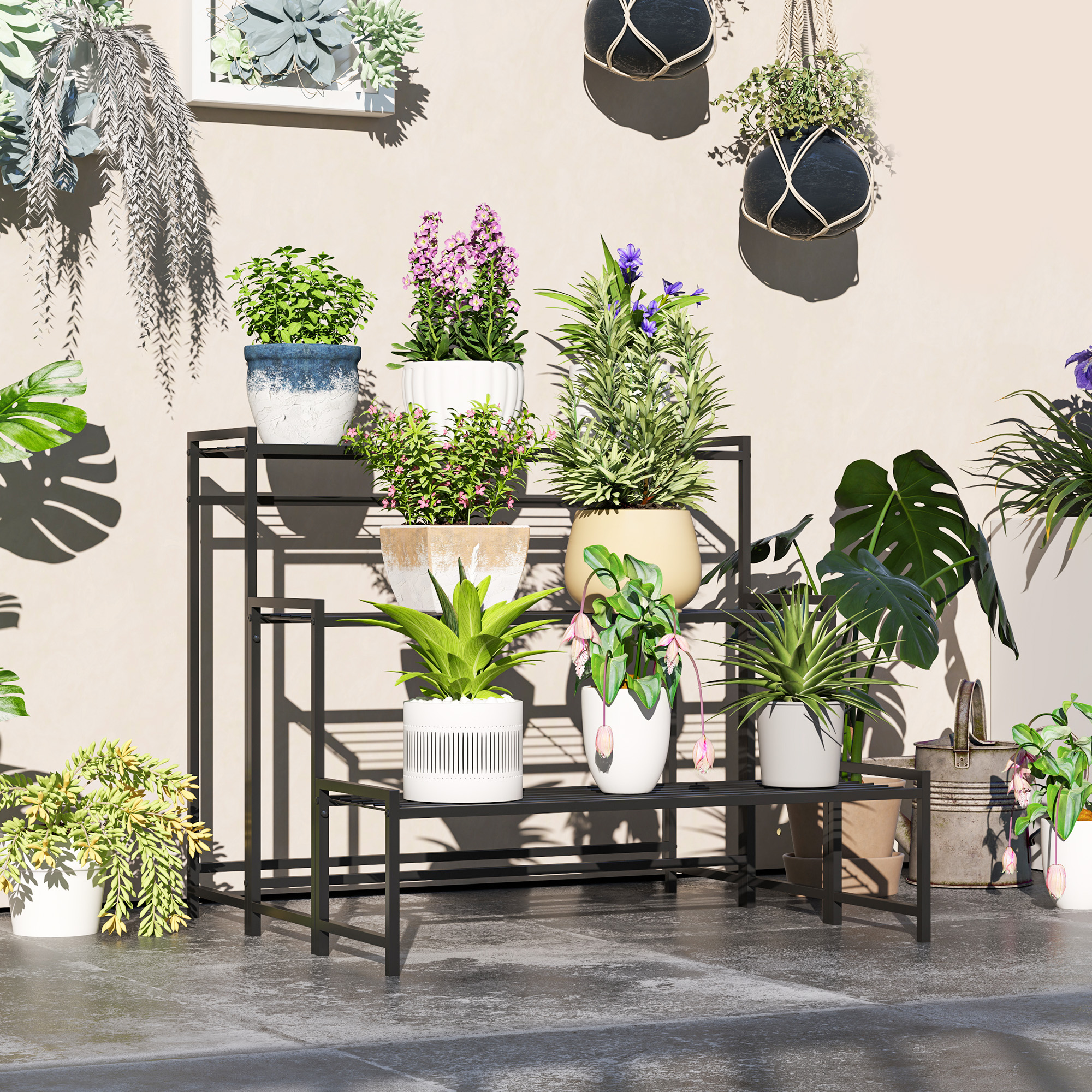 Outsunny Blumentopfständer, 3-stufiger Pflanzenständer in Treppenform, Blumentopfgestell für drinnen und draußen, Metall, Schwarz