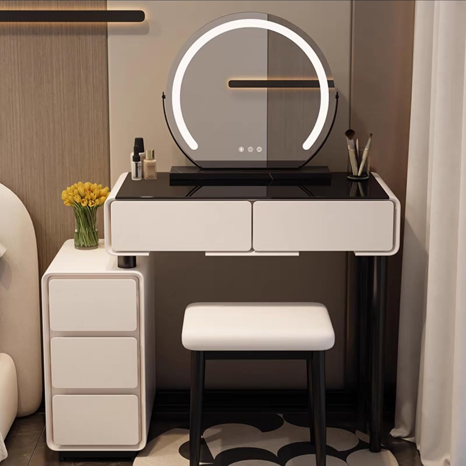 Set da trucco illuminato con luminosità regolabile, grande tavolo e sedia, 3 modalità di illuminazione, cassetti e armadietti, design salvaspazio per piccole stanze