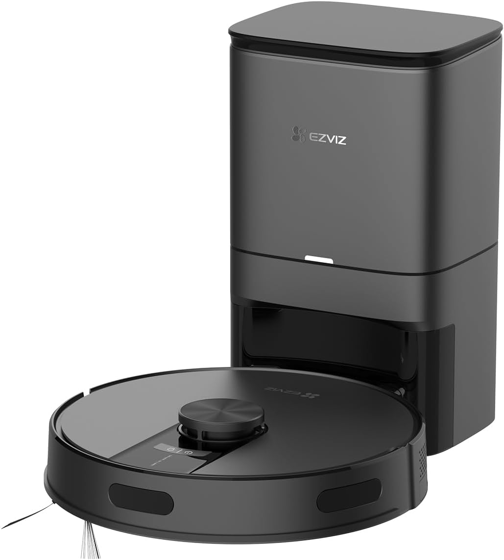 EZVIZ RE4 Plus Nero Robot Aspirapolvere Lavapavimenti con Svuotamento Automatico, Navigazione LiDAR e Anticaduta. Aspirazione 4000Pa, Rileva Tappeti, Serbatoio 300ml, Autonomia 180min, WiFi/APP/Alexa