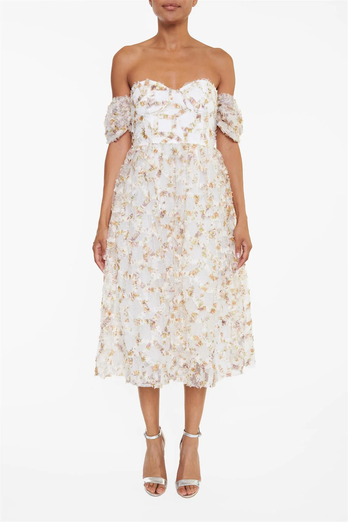 The Amelia White Floral 3D Tulle Bardot Midaxi Skater Dress
