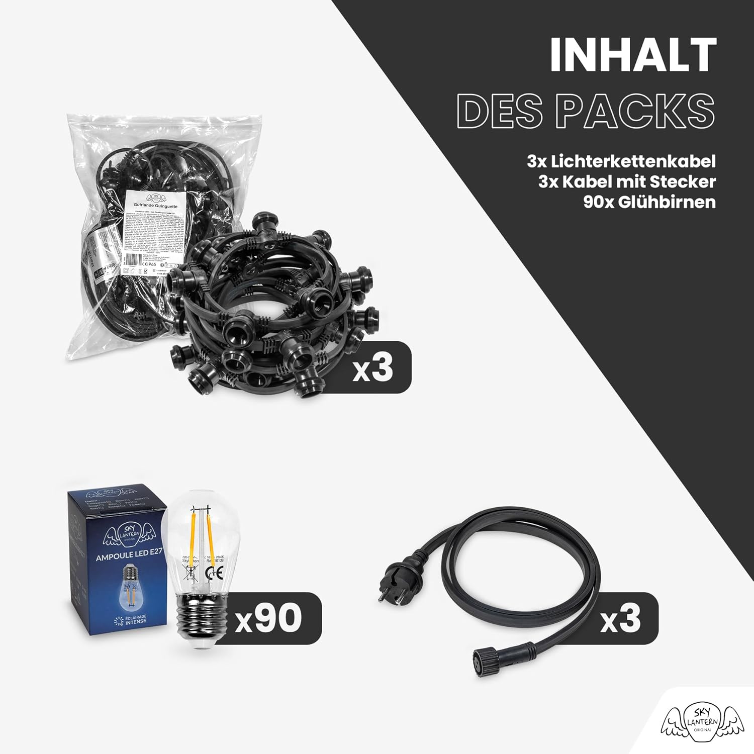 SKYLANTERN Guinguette Lichterkette, 30 m, 90 Glühbirnen, warmweiß, dimmbar – Lichterkette Leuchtmittel E27 transparent – LED Filament Retro