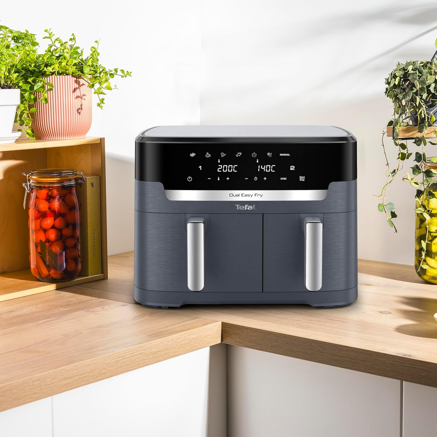 Tefal Dual Easy Fry Heißluftfritteuse Doppelkammer, 5,2/3,1 L Fassungsvermögen, zwei unabhängige Schubladen, 7 automatische Programme, energiesparend, schwarz, EY9018