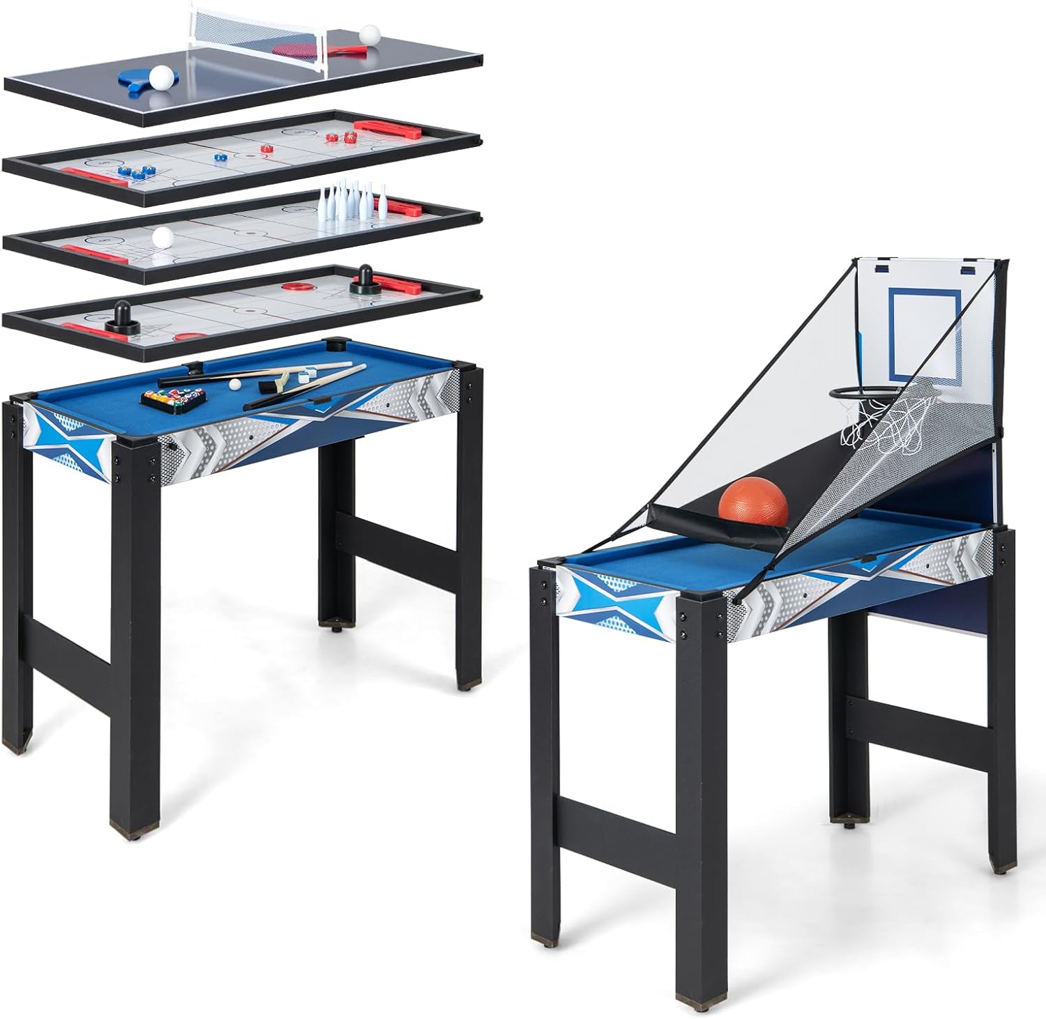 HOMASIS 6 in 1 Tavolo da Gioco con Ping-Pong, Basket, Biliardo, Hockey, Air Hockey, Bowling, Biliardino per Bambini e Adulti per Casa, Sala Giochi, Bar, Feste e Serate in Famiglia
