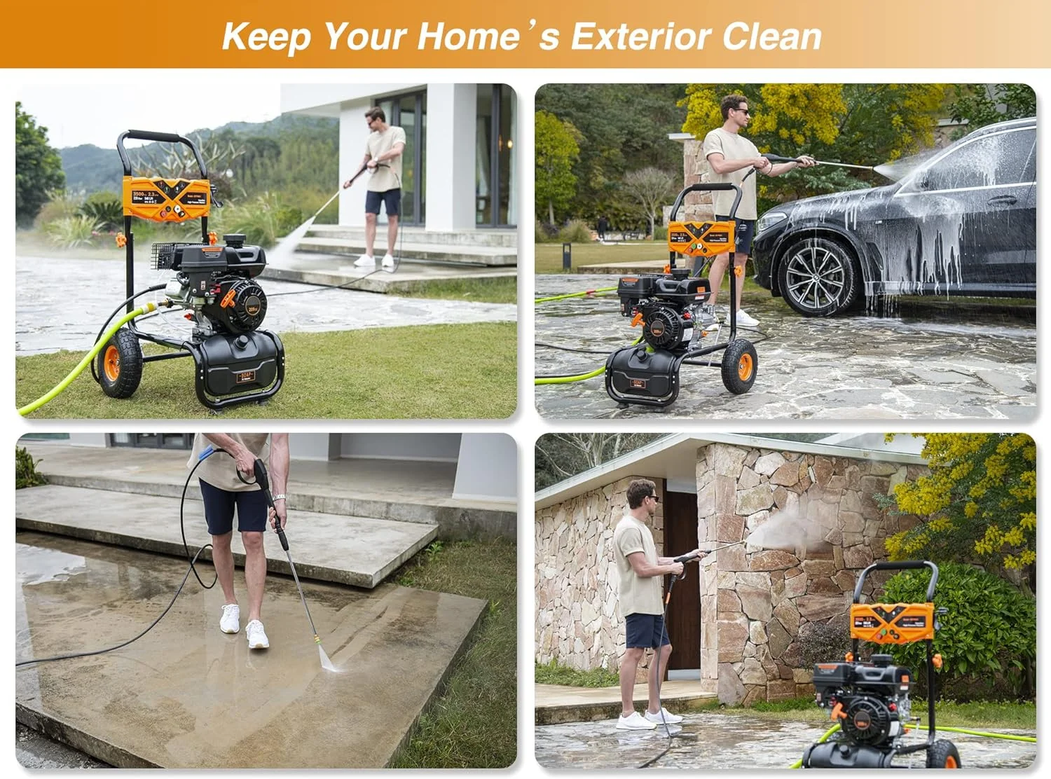 Efurden 3500PSI Gas Pressure Washer, 2.3GPM Gas Powered High Pressure Clean Machine with 209CC Engine, 4 Adjustable Nozzles for Cleaning Walls, Terraces, Vehicles, Gardens (Blue)