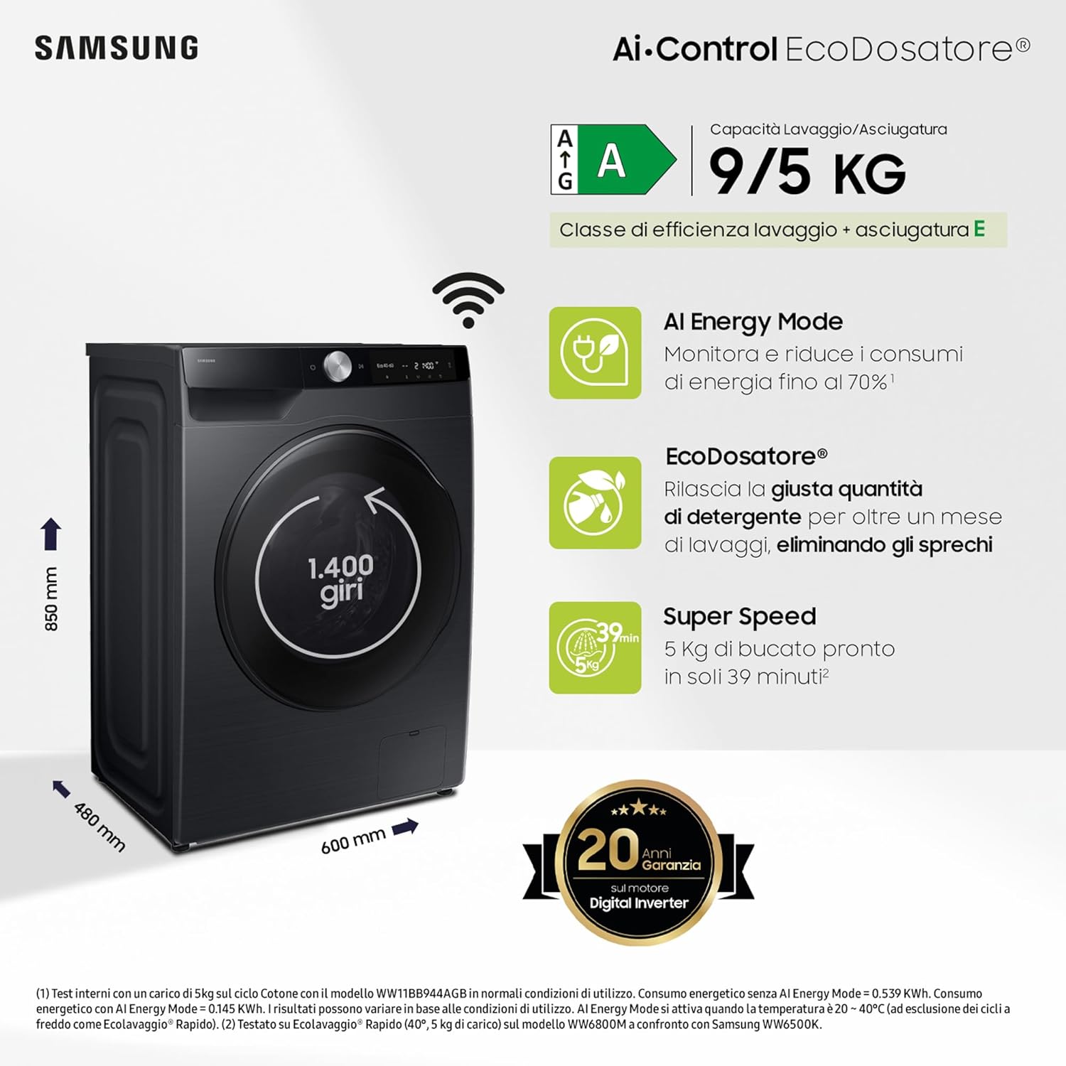 Lavasciuga Slim AI Control EcoDosatore WD90DG6G94BB, 9+5 kg, Wifi, Ecodosatore, AI Wash, Carica Frontale, 60L x 85H x 48P cm
