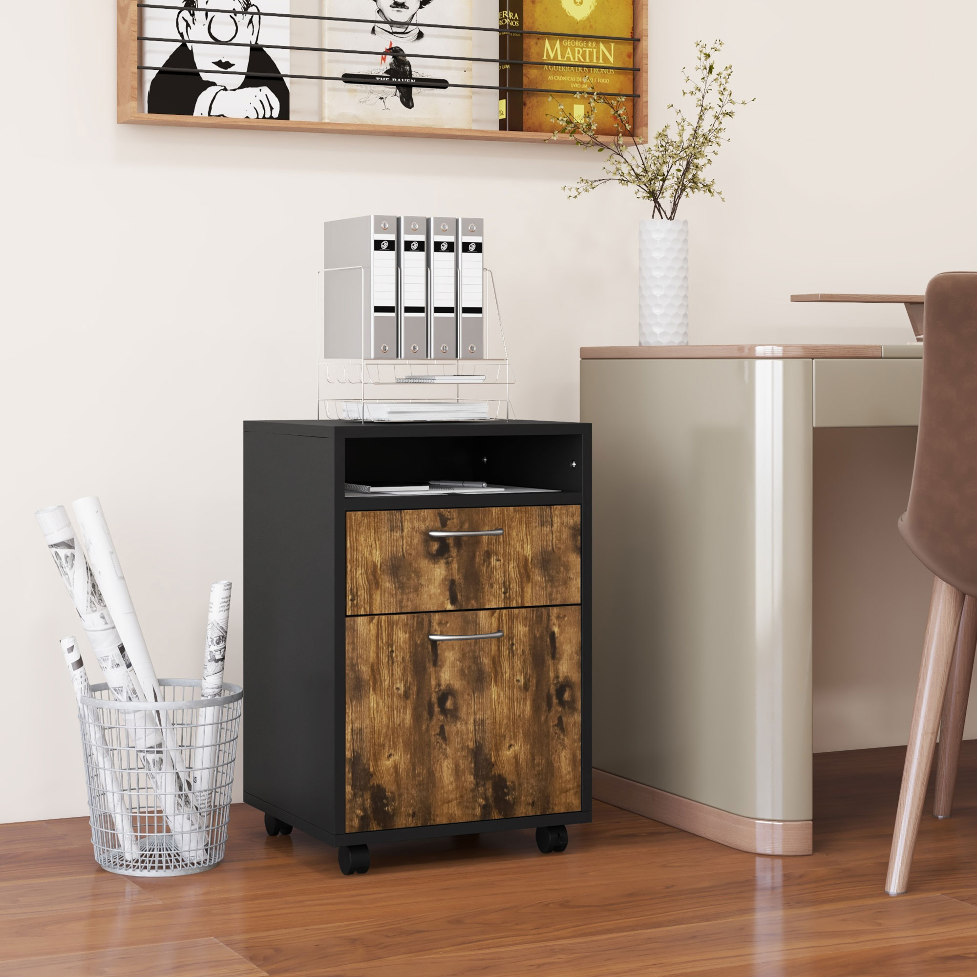HOMCOM Rollcontainer mit Schublade und Regal, 4 Räder, 40x35x60cm, Braun und Schwarz