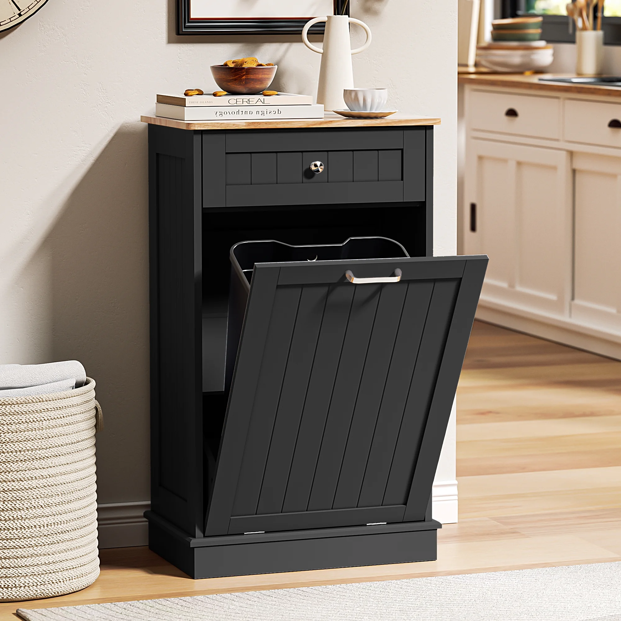 HARIPUL Single Tilt Out Trash Cabinet for 13 Gallon Waste Bin, Free Standing Kitchen Trash Can Cabinet with Drawers, White