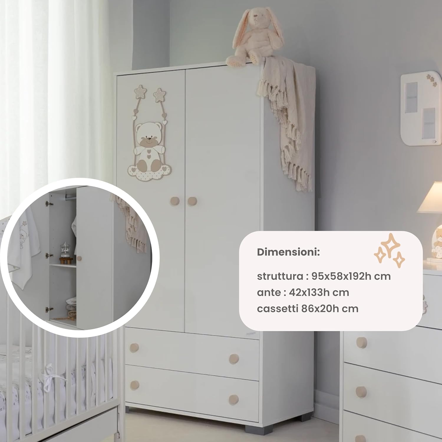 Palla Pallina Bedroom Wardrobe with 2 Doors with Slow Closing, 3 Adjustable Shelves and 2 Drawers Versatile and Safe for Parents with Babies Bedroom Wardrobe, 95 x 58 x 192 H cm, Made in Italy