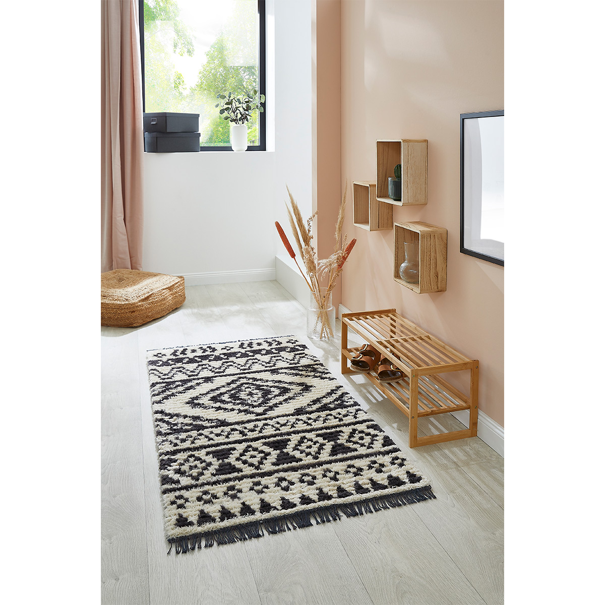 HOMCOM Hochflorteppich mit Fransen Beige-Schwarz 150 x 80 x 2,1 cm